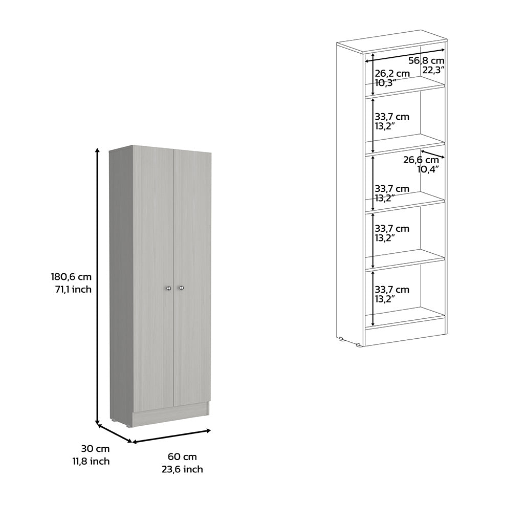 Multistorage Cabinet 71" H, Two Doors, Five Internal Shelves, White Washed Oak White Particle Board Particle Board