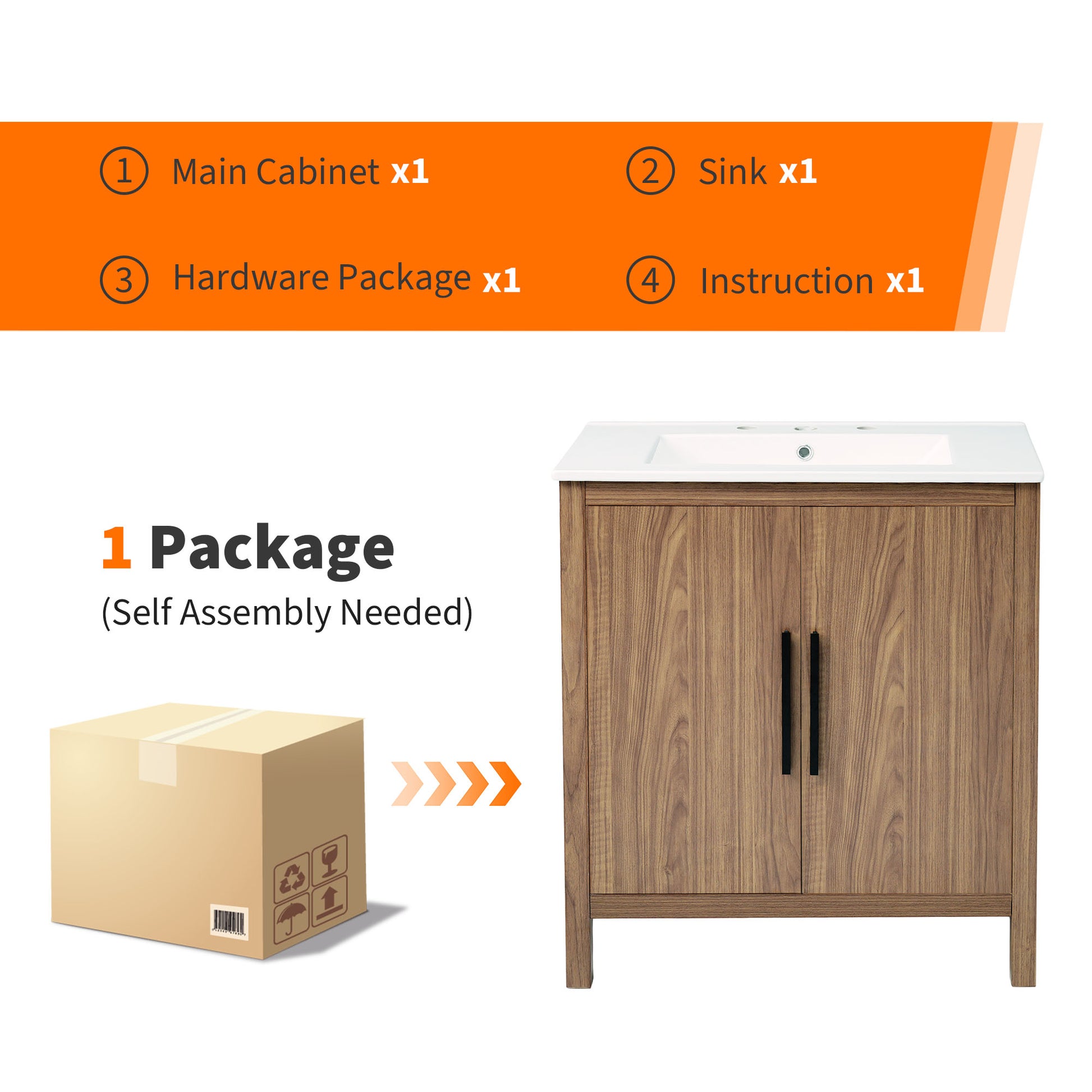 30" Wood Color Bathroom Vanity With Single Sink, Combination Under Counter Sink, Bathroom Storage Cabinet With Soft Closing Door, Multi Function Storage, Solid Wood Frame Wood Bathroom Solid Wood Mdf