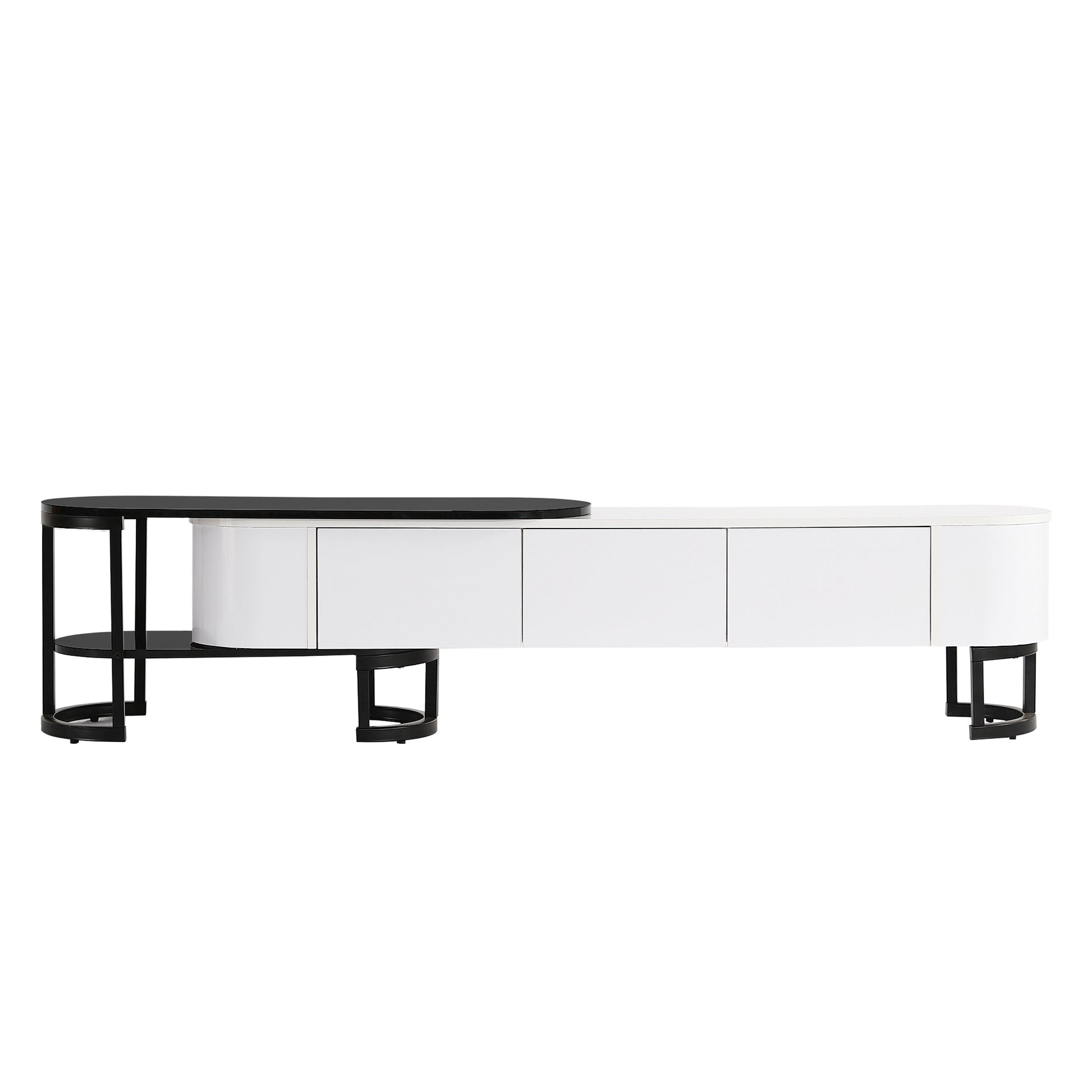 67.7'' 76.4'' Modern Extendable Tv Stand For Tvs Up To 75 Inches, Entertainment Center Media Console With 3 Drawers, Metal Adjustable Legs For Living Room White Black 70 79 Inches Particle Board Mdf