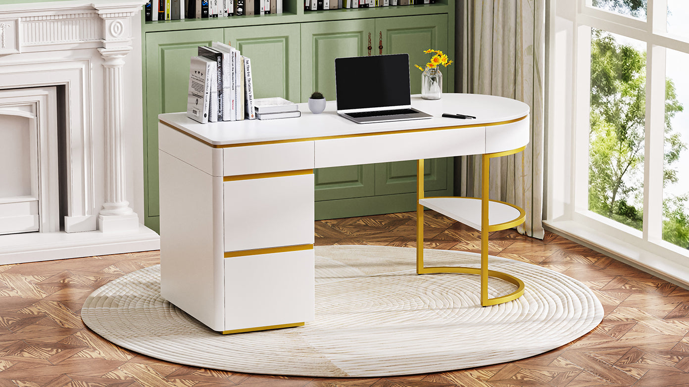 60''Modern Executive Desk,White Curved Computer Desk With Gold Metal Legs,3 Drawers Home Office Desk,Writing Desk With 1 Storage Cabinet For Home Office,Living Room,Gold White Gold White Mdf