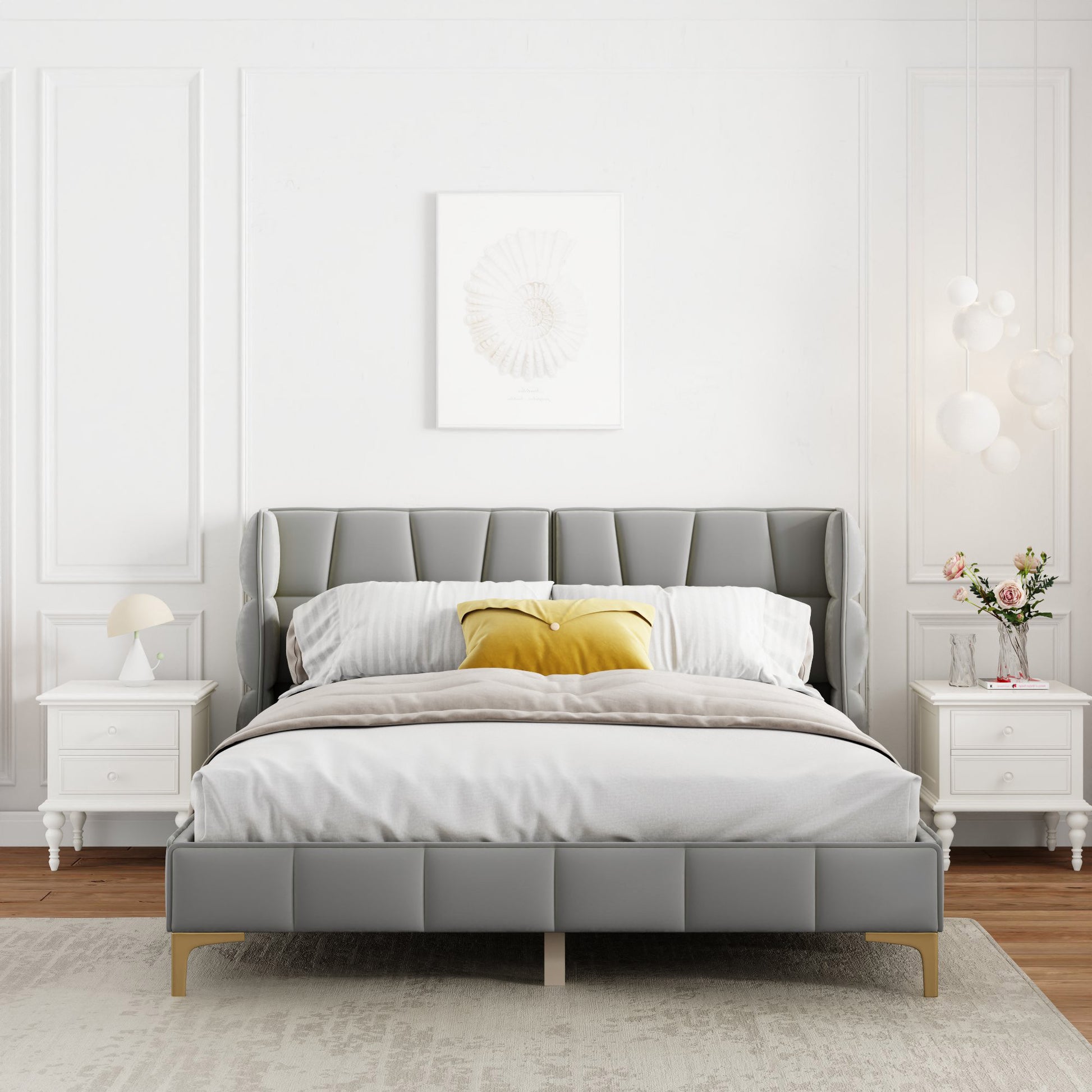 Queen Size Upholstered Velvet Platform Bed, Gray Box Spring Not Required Queen Gray Wood Bedroom Bed Frame Velvet Upholstered