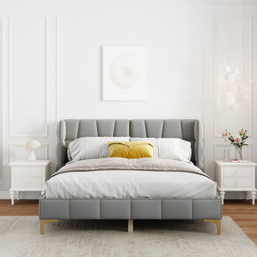 Queen Size Upholstered Velvet Platform Bed, Gray Box Spring Not Required Queen Gray Wood Bedroom Bed Frame Velvet Upholstered