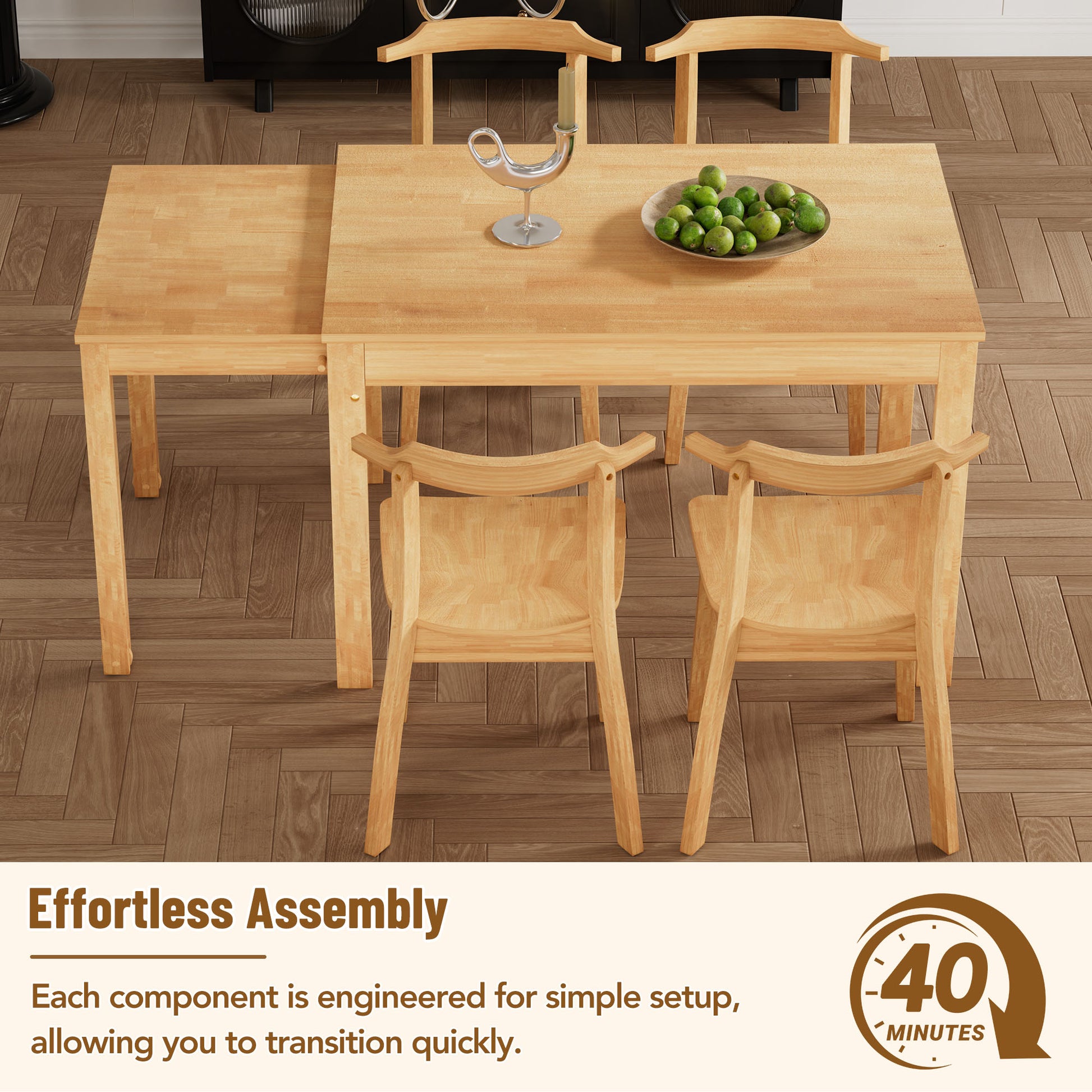 Farmhouse 65" 5 Piece Extendable Dining Table Set With Wheels Kitchen Table Set With 17.7" Pull Out Side Table And Dining Chairs For Small Places, Natural Wood Wood Natural Solid Back Wood Dining Room Solid Wood Rubberwood Rectangular Rectangular Dining