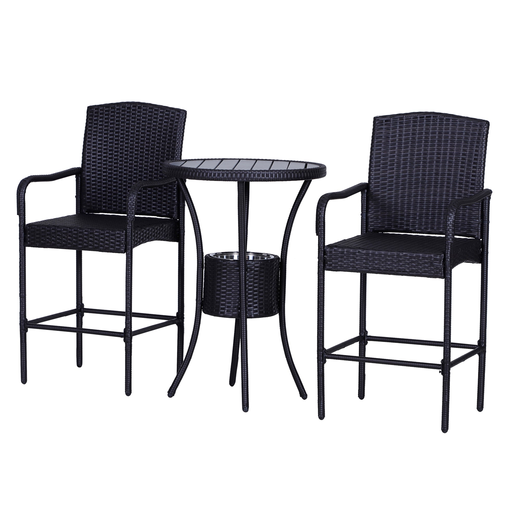 Outsunny Rattan Wicker Bar Set For 3 Pcs With Ice Buckets, Patio Furniture With 1 Bar Table And 2 Bar Stools For Poolside, Backyard, Porches Dark Brown Steel