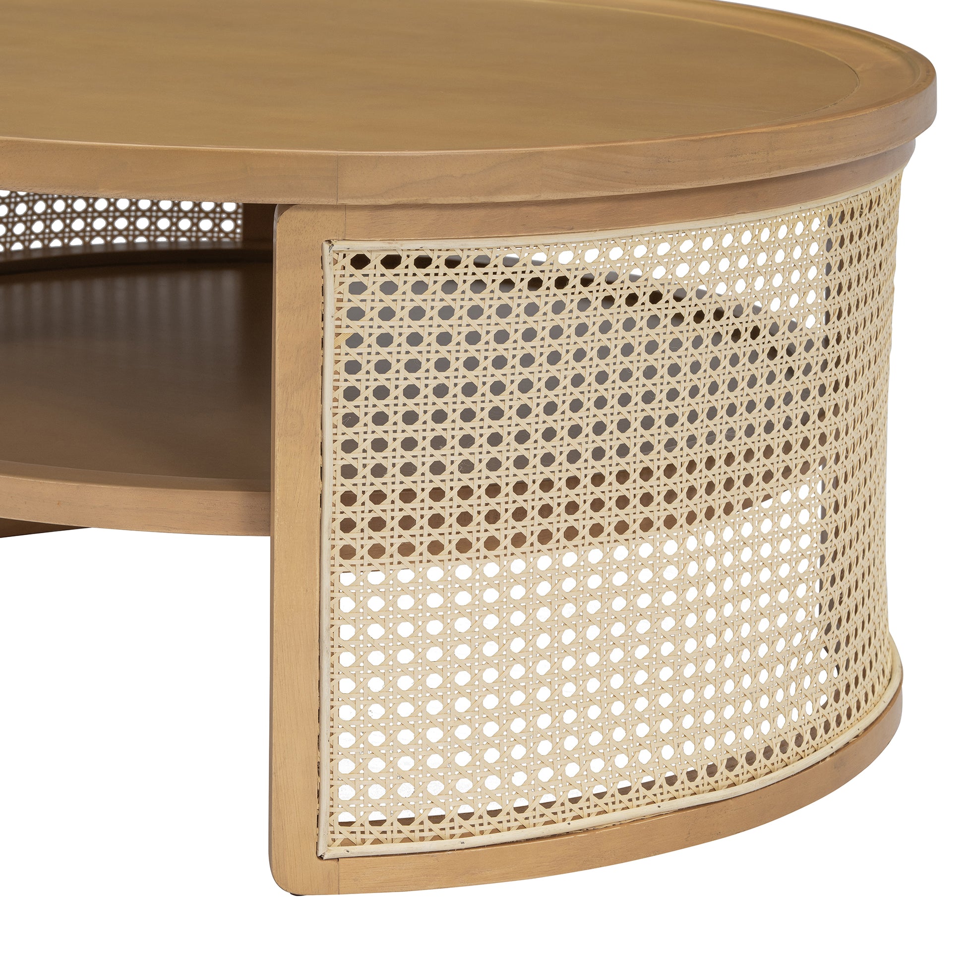 2 Tiered Round Natural Wood Coffee Table With Storage Rattan Base In 31.3'' Natural Rubber Wood