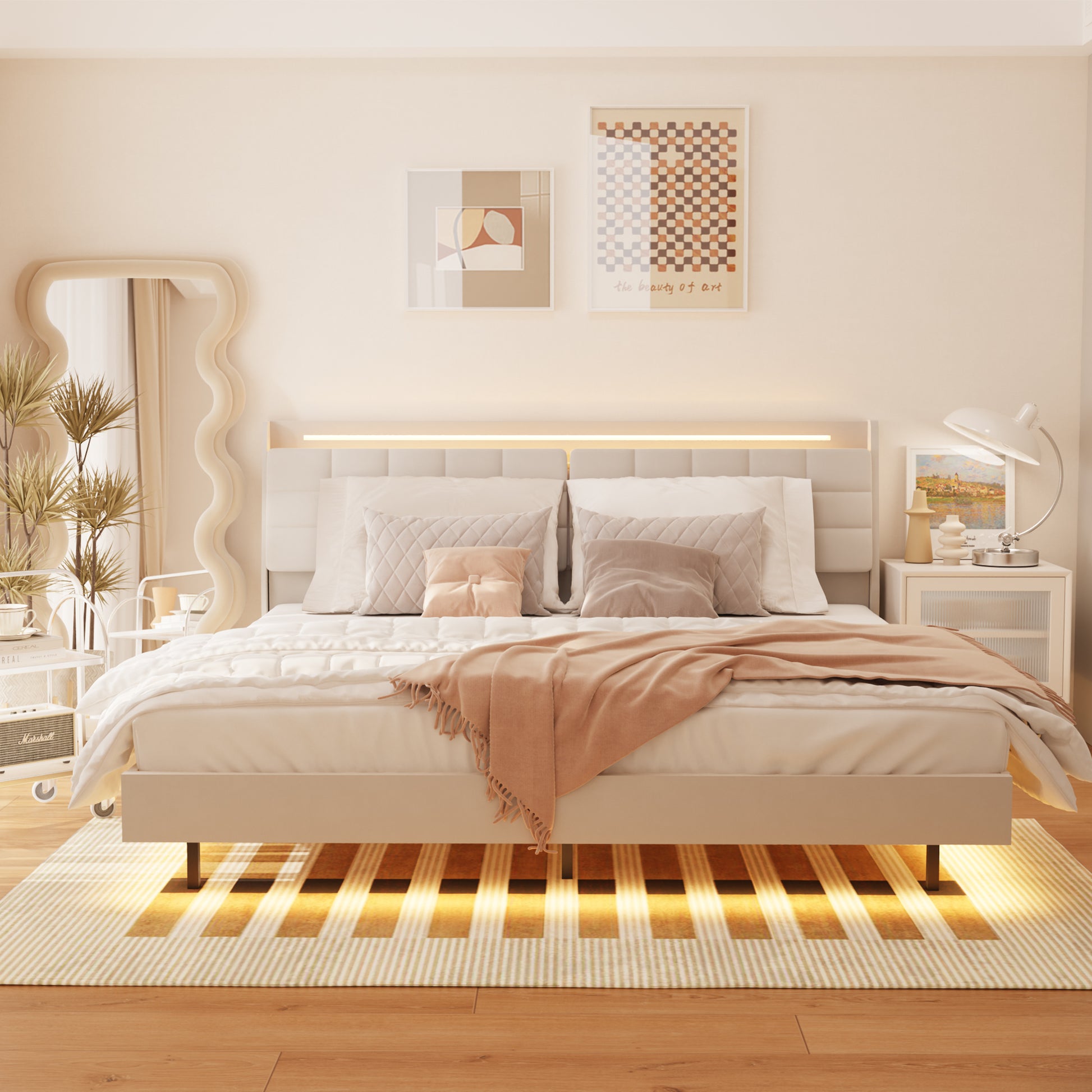 Queen Floating Bed Frame With Led Light And Charging Station Upholstered Platform Bed Frame Queen Size With Headboard And Hidden Storage Space, No Box Spring Needed, Beige Box Spring Not Required Queen Beige Metal Bedroom Bed Frame Velvet Velvet