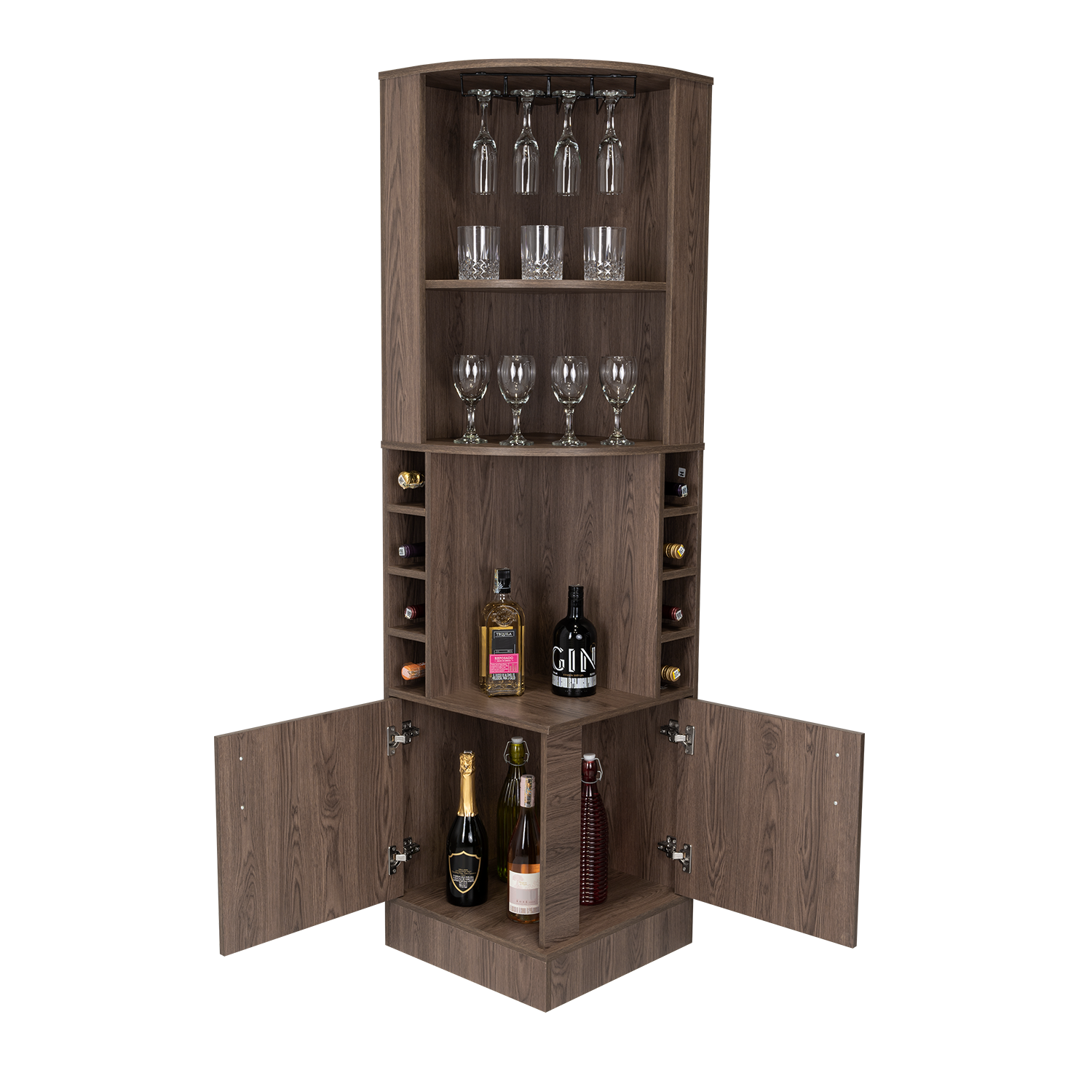 Syrah Corner Bar Cabinet, Two External Shelves Brown Primary Living Space Modern Shelves Included Particle Board