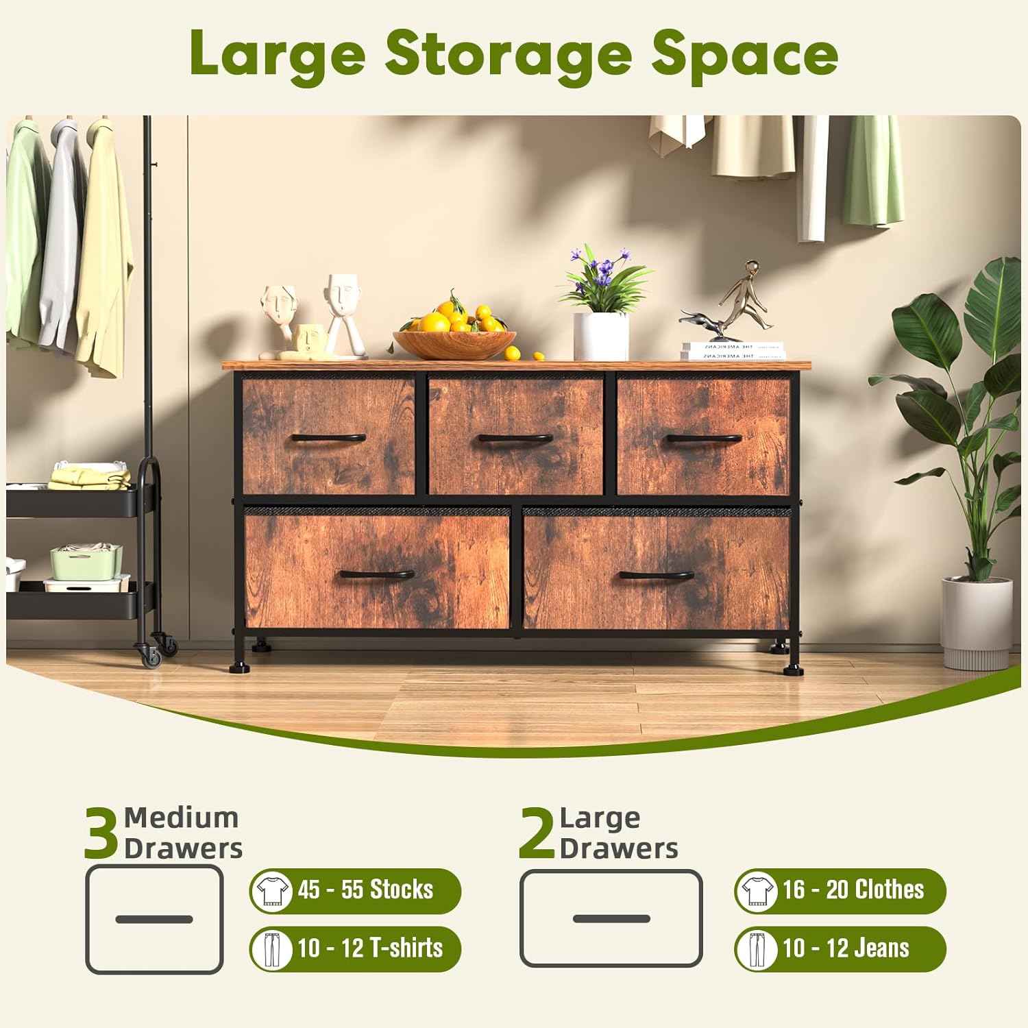 5 Drawers Dresser For Bedroom, Kidsroom Furniture, Wide Chest Of Drawers, Storage Organizer Units With Fabric Bins For Closet, Metal Frame, Waterproof Wood Top, Adjustable Feet, Rust Rust Wood