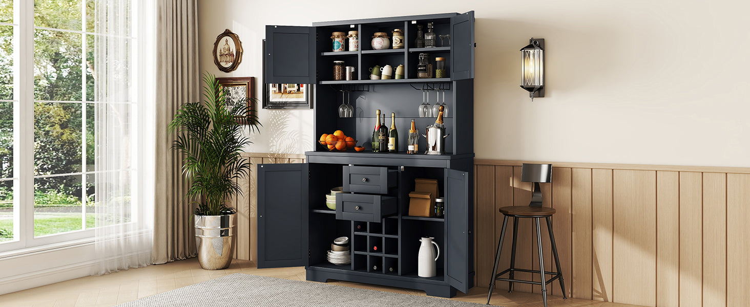 Coffee Bar Cabinet Kitchen Cabinet With Storage, Farmhouse Wine Cabinet With Drawers Shelves And Cabinets, Buffet Cabinet Wine & Glass Racks For Dining Room, Kitchen, Dark Blue Dark Blue Particle Board Mdf