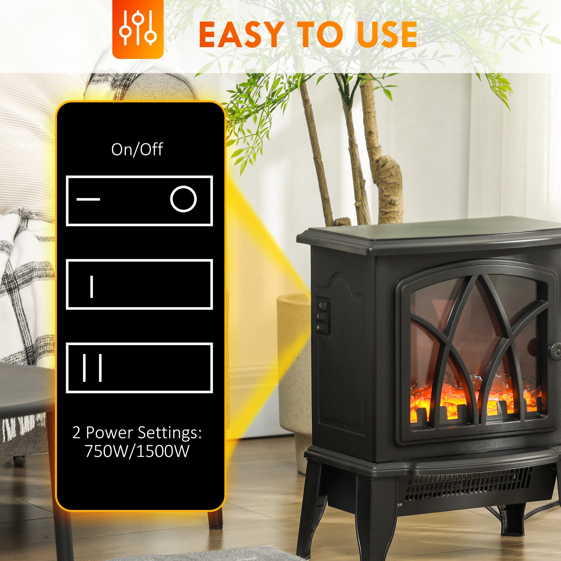 Homcom Electric Fireplace Stove, 18" Freestanding Fireplace Heater With Realistic Flame, Overheating Protection, Portable, 750W 1500W, Black Black Plastic