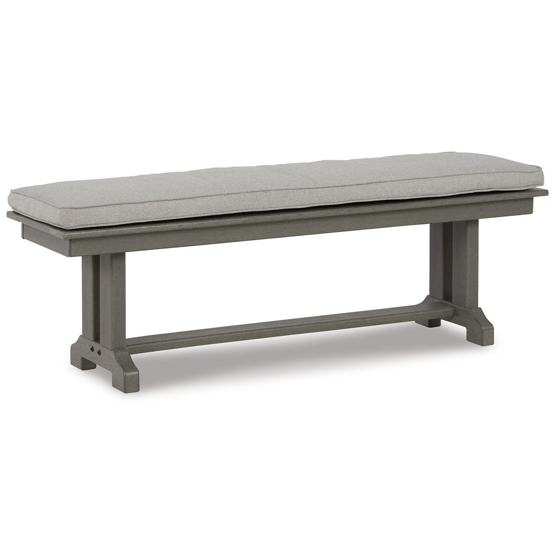 Vrai 54 Inch Outdoor Bench, Gray Wood Frame, Trestle Base, Cushioned Seat Gray Hdpe