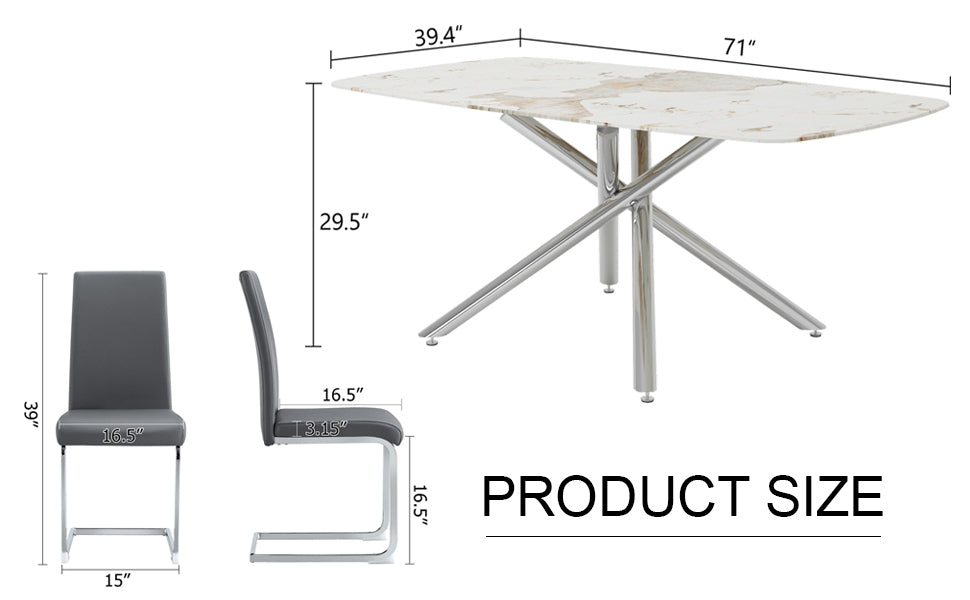 Table And Chair Set, Large Modern Minimalist Rectangular Dining Table, 0.39 "Imitation Marble Tabletop And Silver Metal Legs, Soft Leather Seats. F 1537 Silver Glass Metal