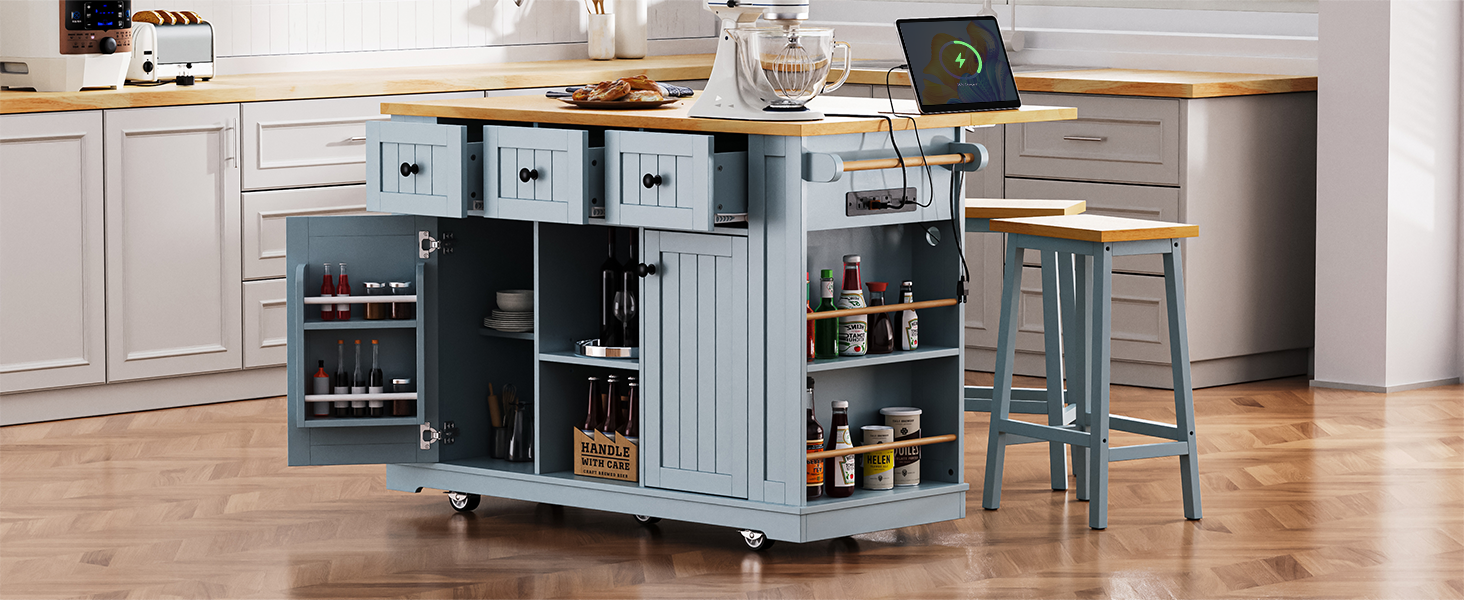 K&K 53Inch Large Kitchen Island With 2 Bar Stools, Power Outlet,Door Internal Storage Rack,Kitchen Storage Cart On 5 Wheels With Drop Leaf,5 Open Side Racks,3 Drawers For Kitchen,Dining Room,Grey Blue Grey Blue Gray Kitchen