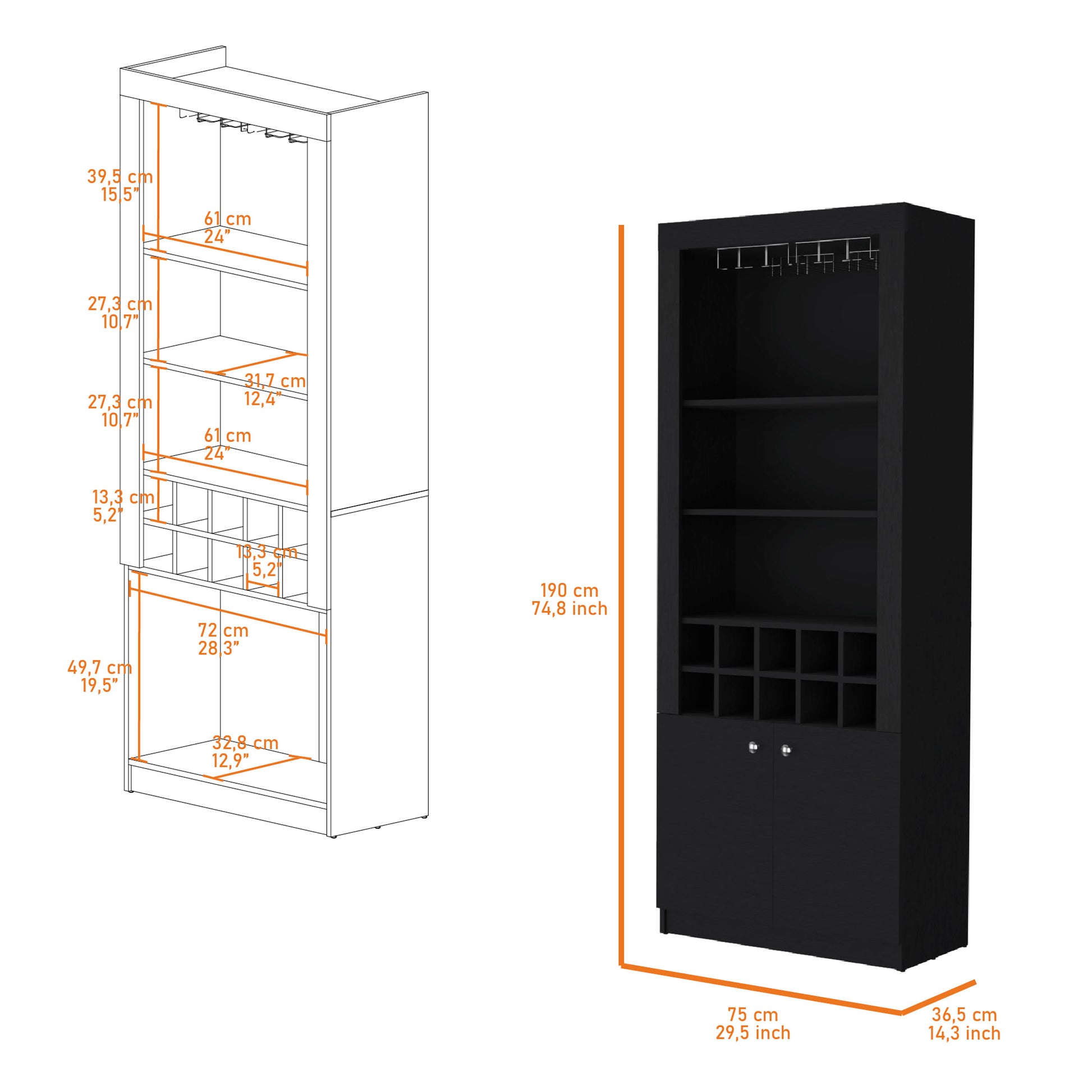 Cr Bar Cabinet, With Wine Storage And Thre Shelves Freestanding 5 Or More Spaces Black Primary Living Space Open Storage Space Contemporary,Modern Pine Particle Board Engineered Wood