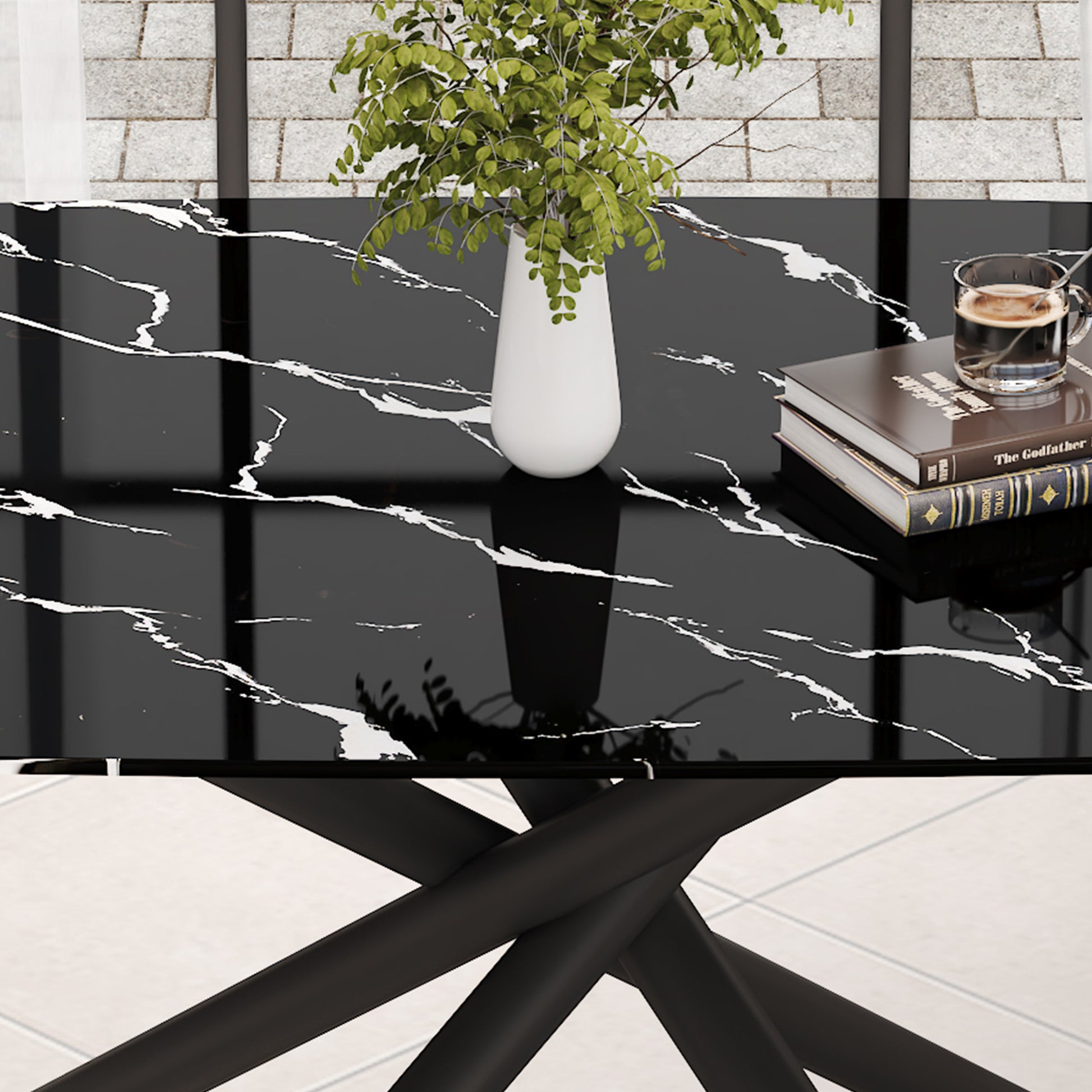 1 Table And 8 Chairs Set.A Rectangular Dining Table With A Imitation Marble Black Table Top And Black Metal Legs.Paired With 8 Chairs With Pu Leather Seat Cushion And Black Metal Legs.F 1537,C 007 Black Glass Metal