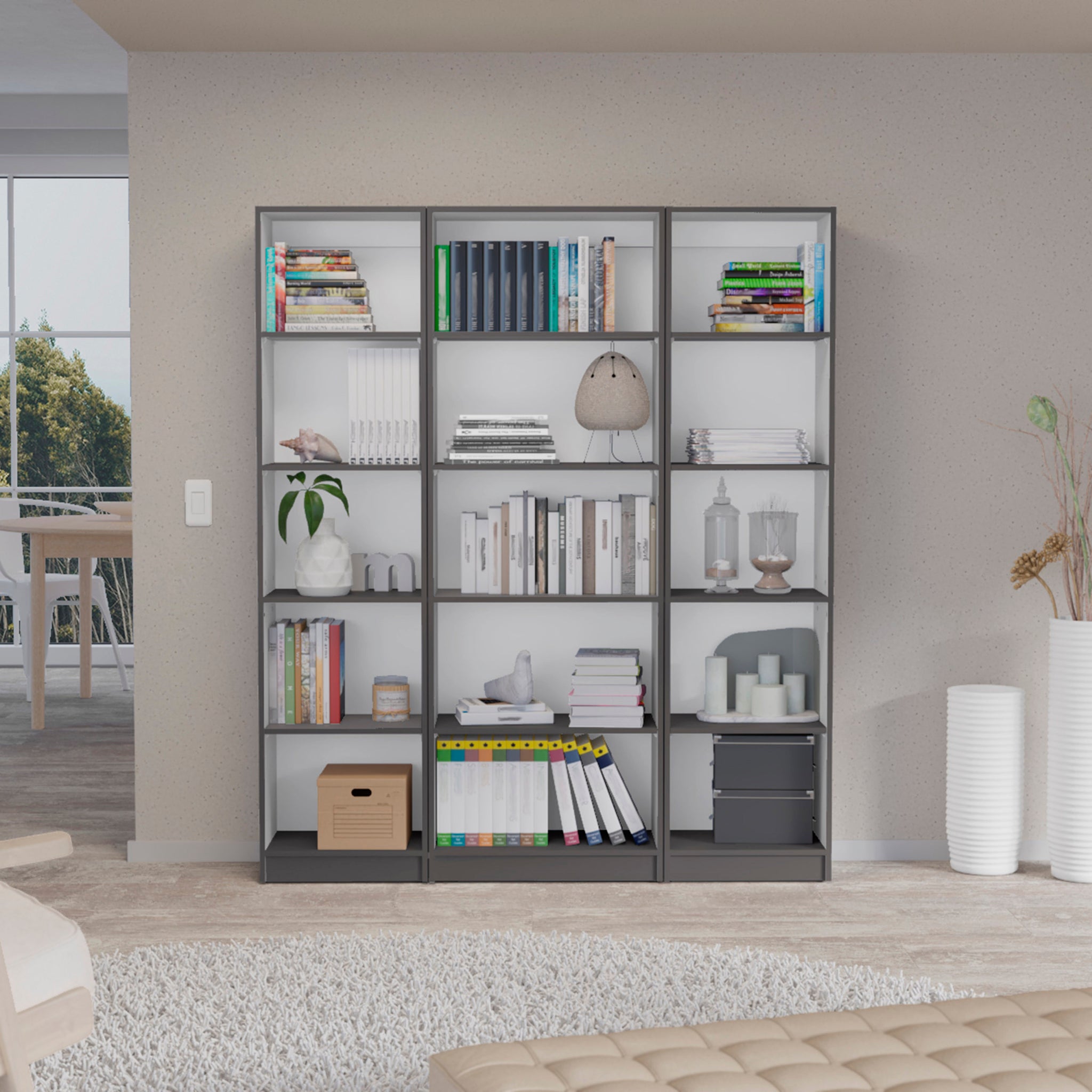 Bartow 3 Piece Home Bookcase Set, 60" Wide With 15 Shelvesliving Room Set Set Matt Gray White Freestanding 5 Or More Shelves Multicolor Office Open Storage Space Modern Particle Board