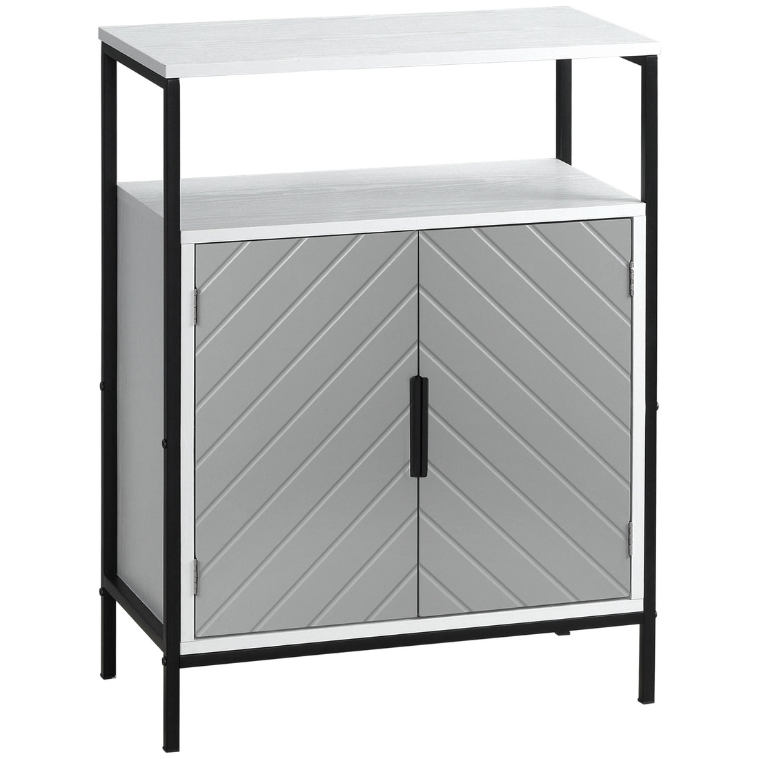 Homcom Storage Cabinet With Open Shelf And Double Door Cupboard, Accent Cabinet With Herringbone Panel And Steel Frame, Gray Grey Mdf