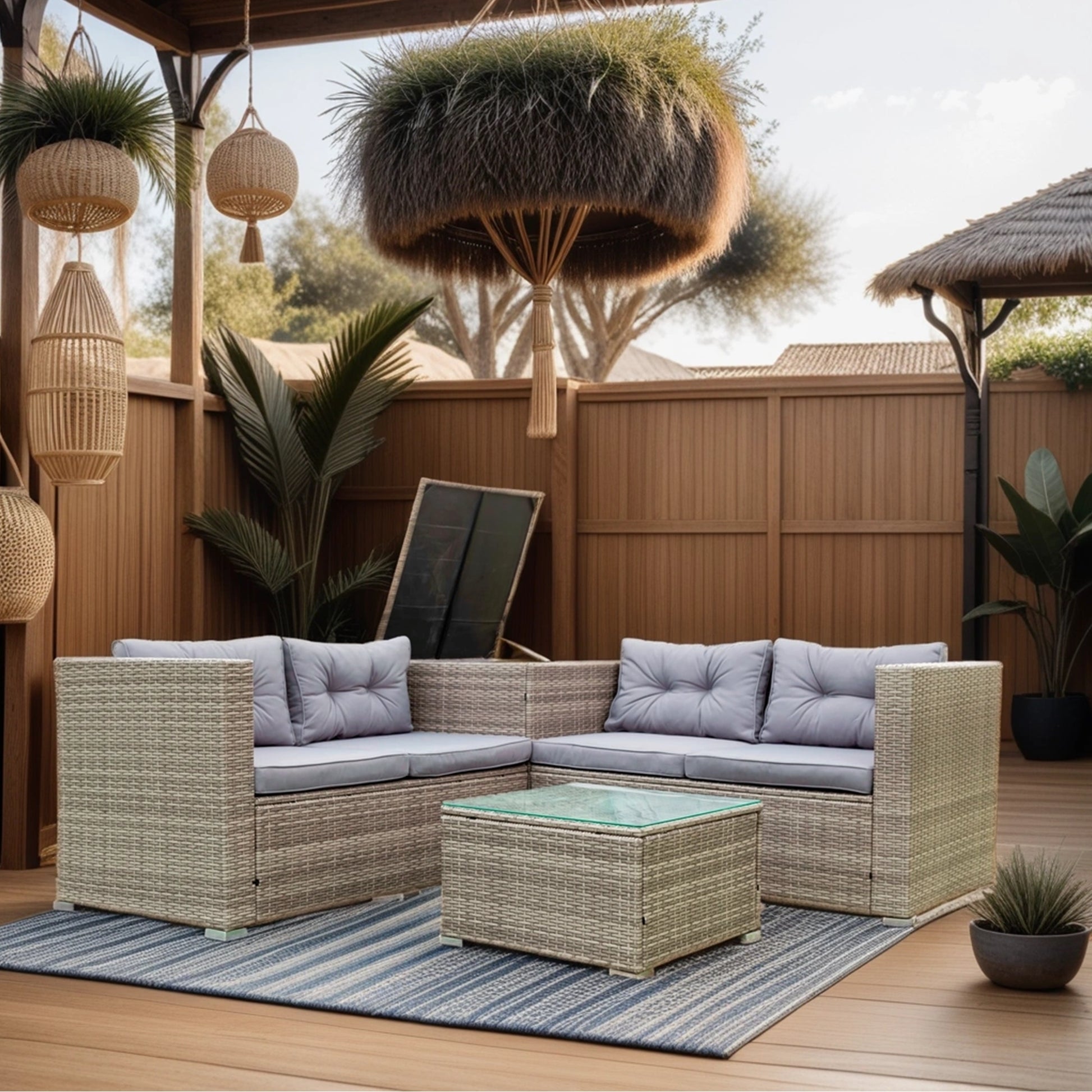 4 Piece Patio Sectional Wicker Rattan Outdoor Furniture Sofa Set With Storage Box Grey Yes Sectional Grey Rust Resistant Frame Mildew Resistant Cushion Garden & Outdoor Modern Complete Patio Sets Fiber Foam And Polyester Fiber Pad Rattan