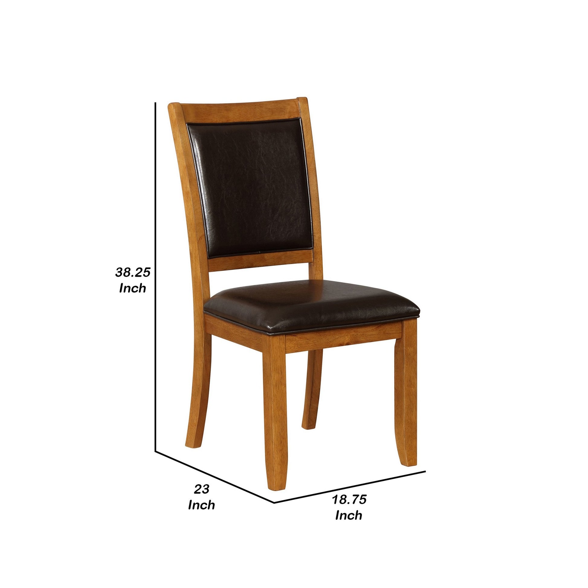 19 Inch Dining Chair, Set Of 2, Brown Wood Frame, Faux Leather Seating Brown Black Wood Fabric