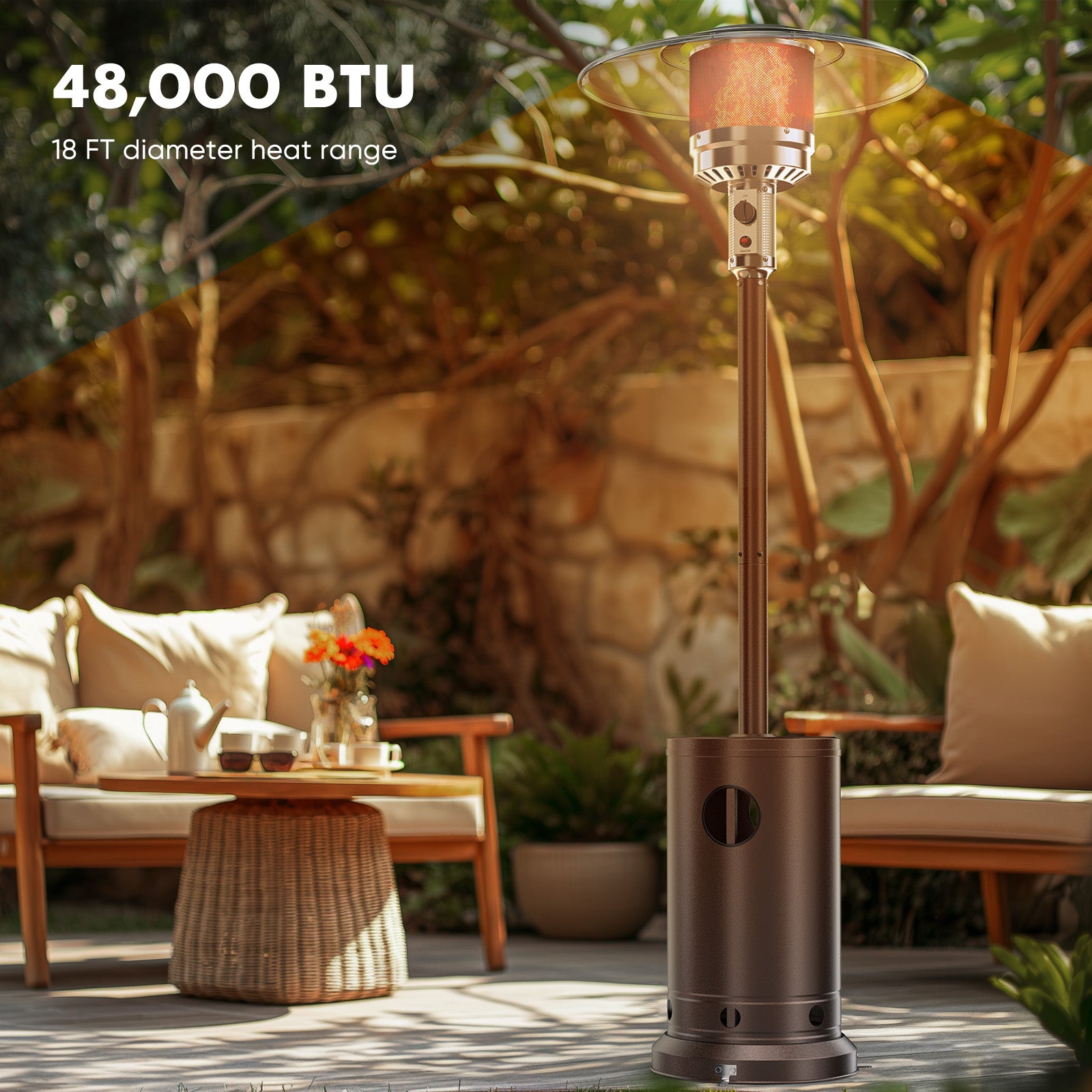 48,000 Btu Propane Patio Heater With Sand Box, Table, Double Layer Stainless Steel Burner And Safety Protection System, Outdoor Heater With Wheels For Home&Commercial Use In Backyard, Garden Brown