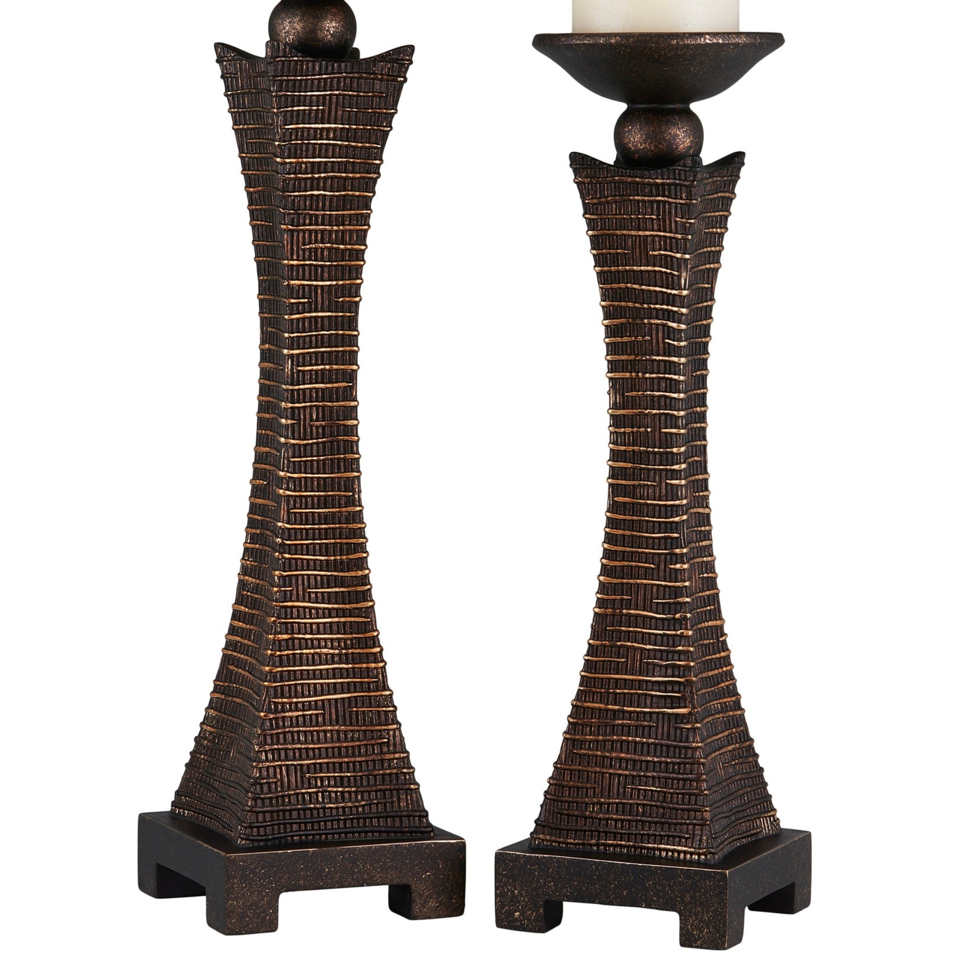 15.75" And 17.5" Tall "Kayan" Candleholder, Bronze Rustic Finish Set Of 2 Bronze Polyresin