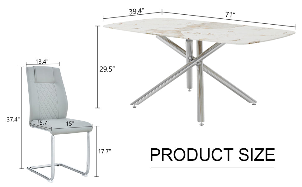 Table And Chair Set, Large Modern Minimalist Rectangular Dining Table, 0.39 "Imitation Marble Tabletop And Silver Metal Legs, Soft Leather Seats. F 1537 Silver Glass Metal