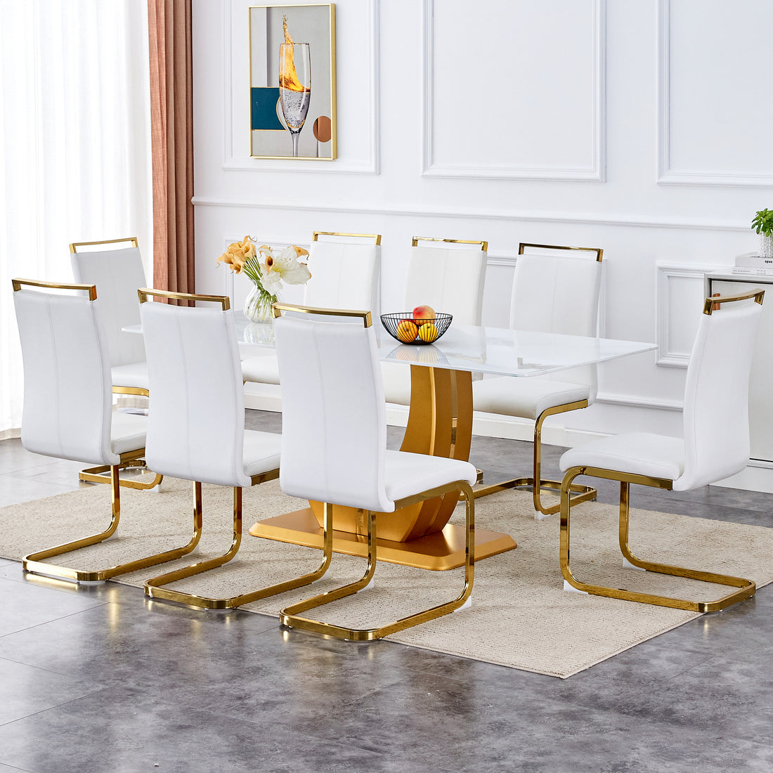 Table And Chair Set, Modern Minimalism And Luxurious White Rectangular Pattern Dining Table. Soft And Comfortable Dining Chairs For Dining Rooms, Living Rooms, Terraces And Kitchens. White Seats 8 Mdf Glass
