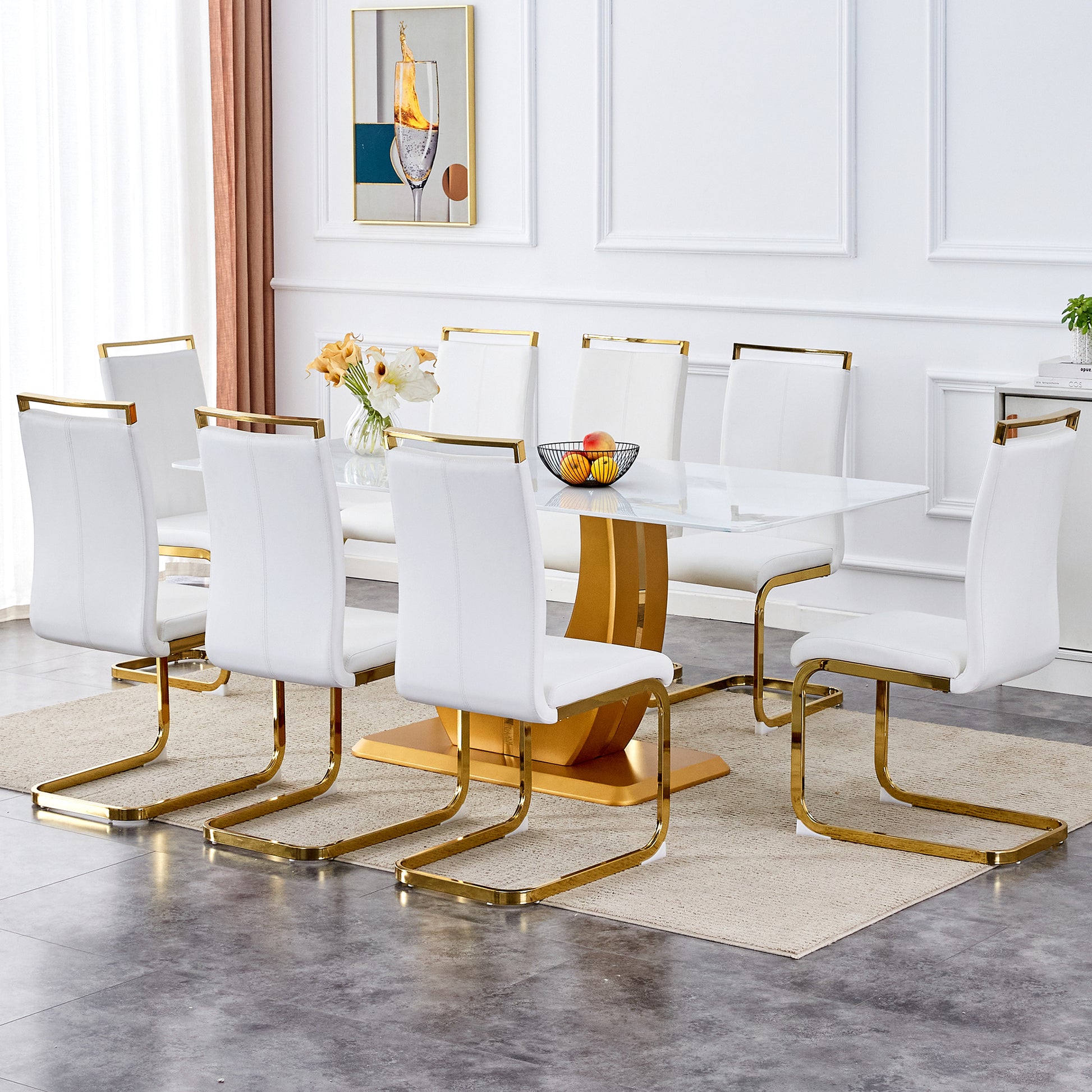 Table And Chair Set, Modern Minimalism And Luxurious White Rectangular Pattern Dining Table. Soft And Comfortable Dining Chairs For Dining Rooms, Living Rooms, Terraces And Kitchens. White Seats 8 Mdf Glass