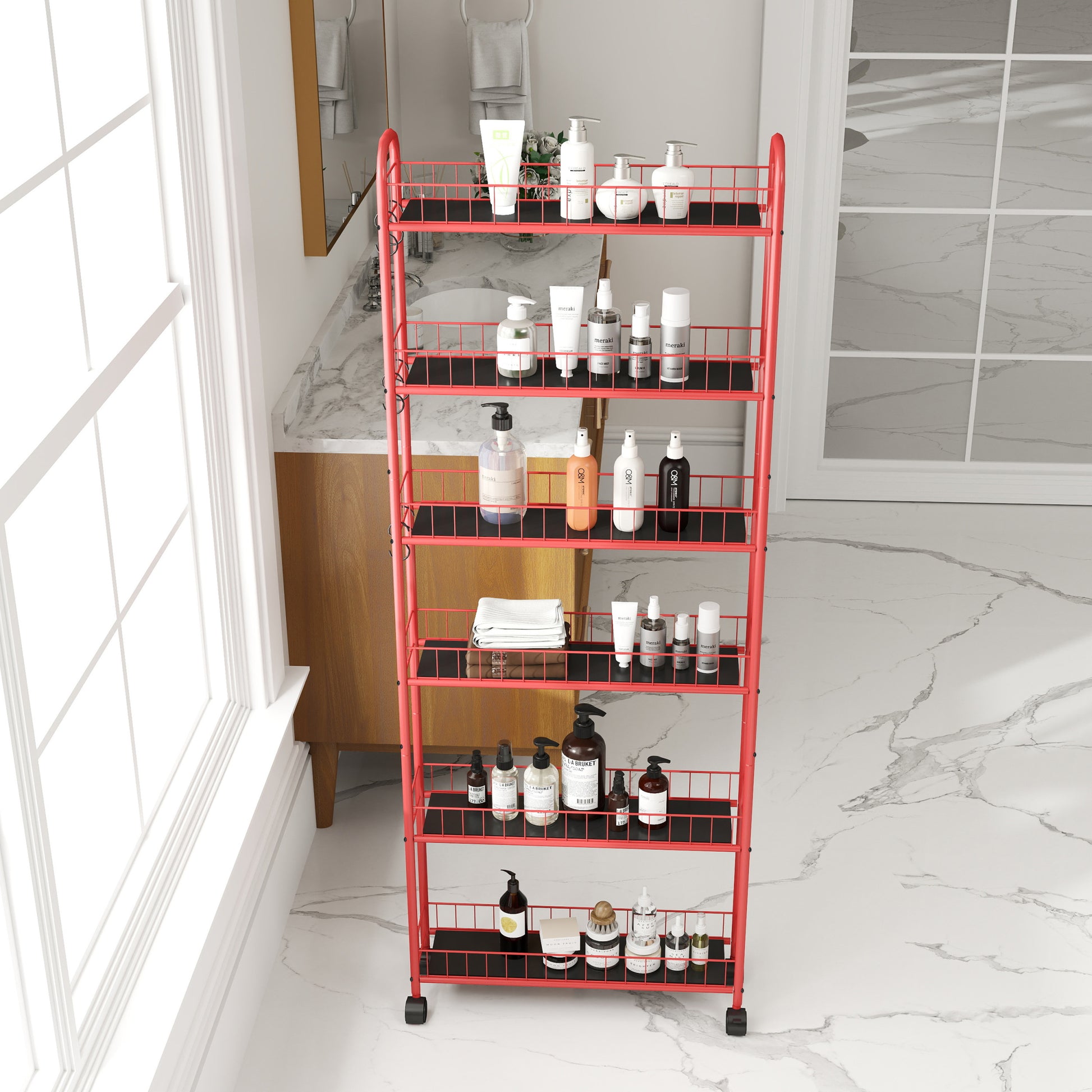 Red 6 Tier Rolling Cart Gap Kitchen Slim Slide Out Storage Tower Rack With Wheels,6 Baskets,Kitchen,Bathroom Laundry Narrow Piaces Utility Cart Red Kitchen American Design,American Traditional Metal