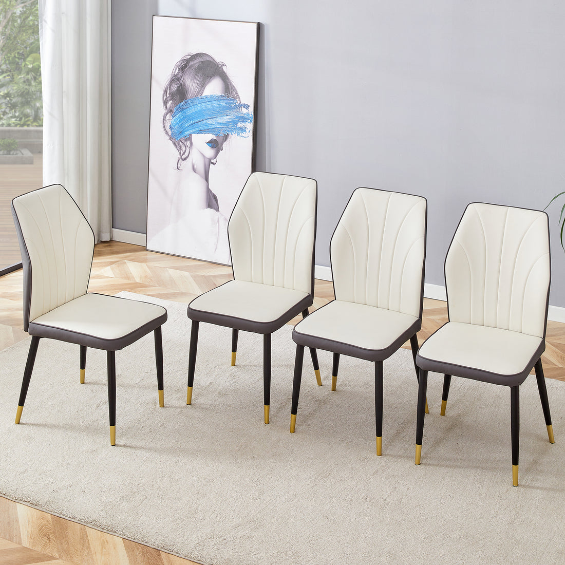 4 Modern Dining Chairs With Stylish Pu Patterned Backrest And Black Metal Legs For A Comfortable Home Experience In The Kitchen, Bedroom And Office. White Gray Pu