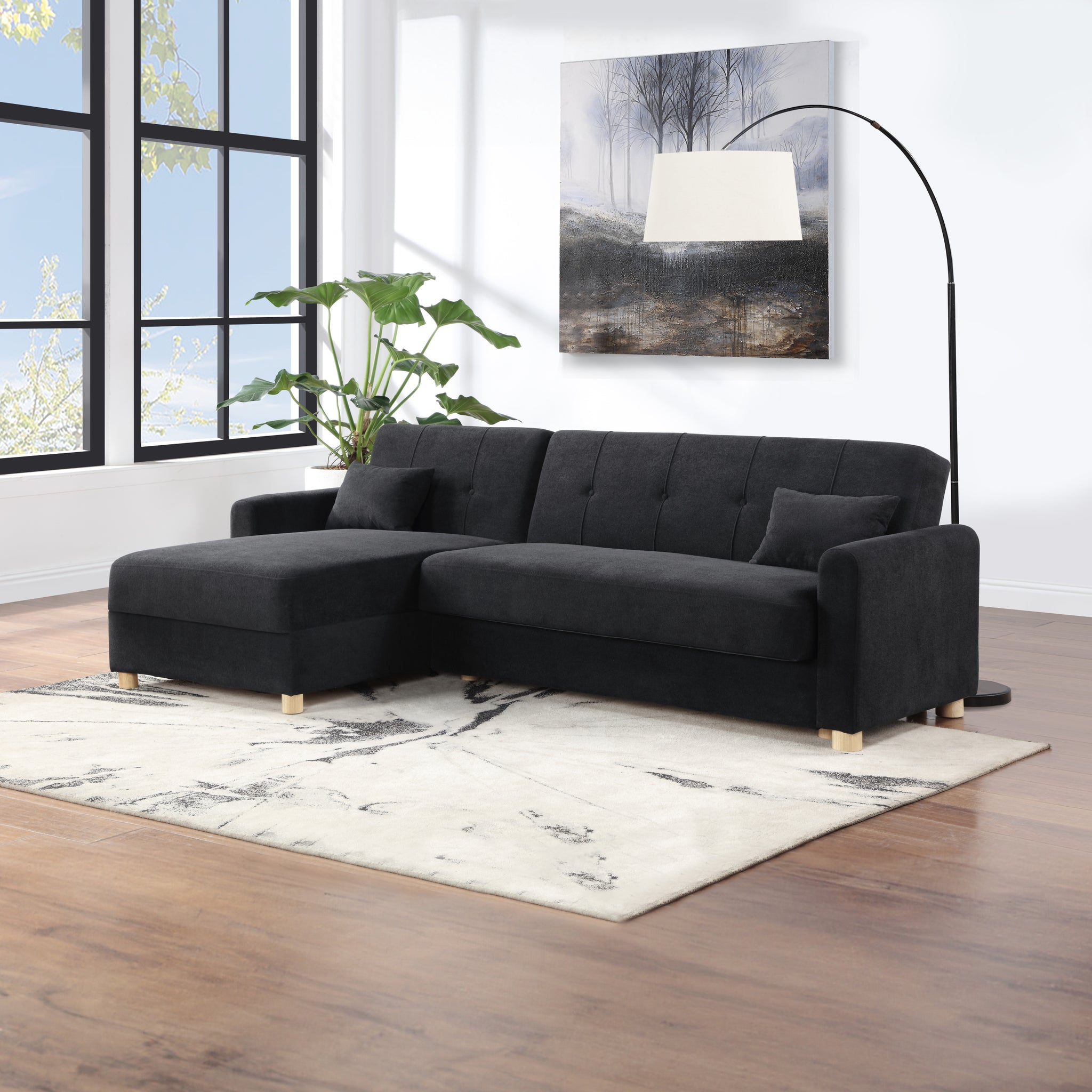 Thomas 99.5"W Black Fabric Convertible Sleeper Sectional Sofa With Reversible Chaise And Storage Black Fabric 3 Seat