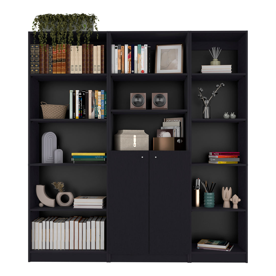 Poston 3 Piece Home Bookcase Set, 67" Wide With 13 Shelves And Two Door Cabinetliving Room Set Set Black Black Particle Board