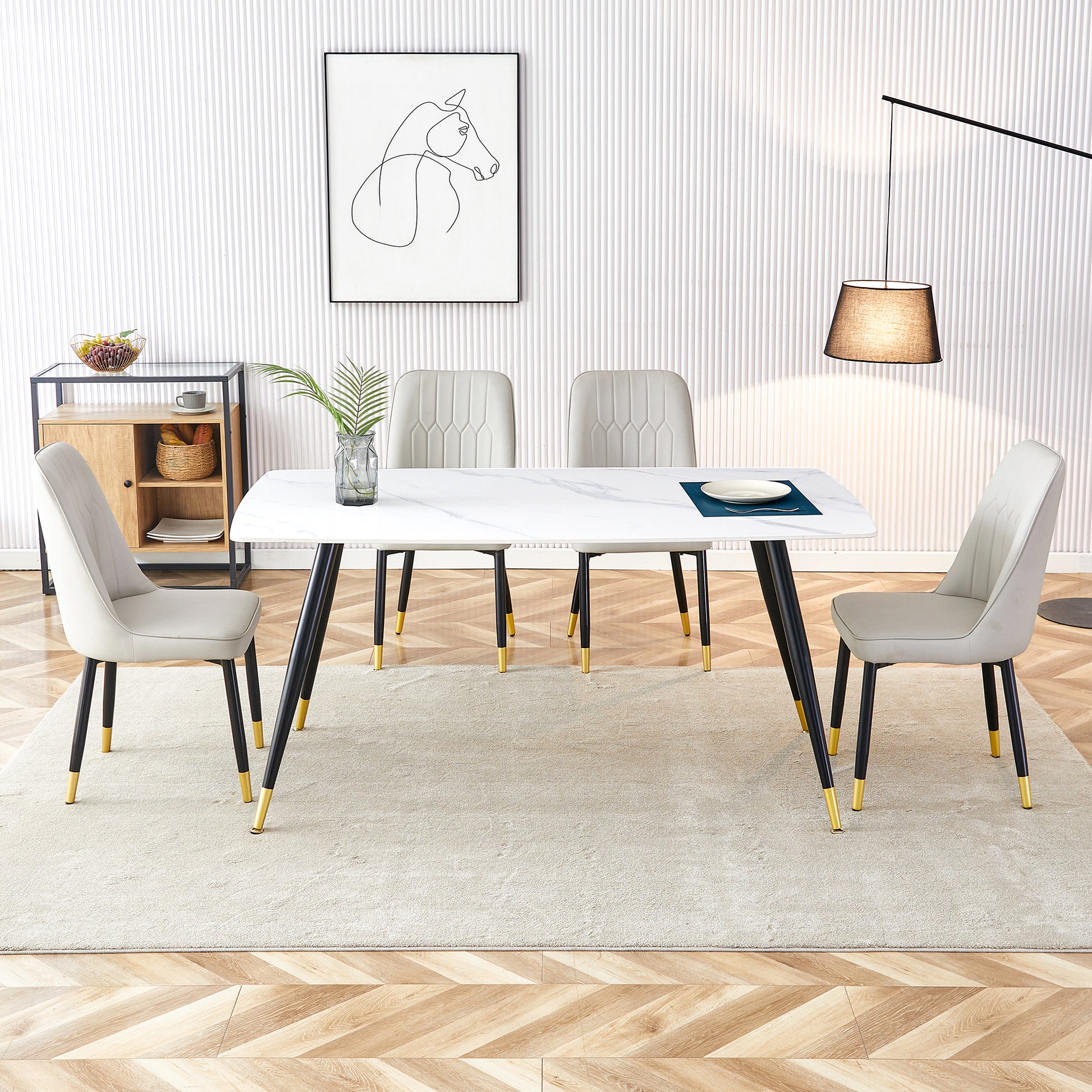 Modern Minimalist Dining Table. White Imitation Marble Pattern Sintered Stone Desktop With Black Metal Legs.Modern Dining Chair With Pu Artificial Leather Backrest Cushion And Black Metal Legs.F 001 Black Gold Sintered Stone