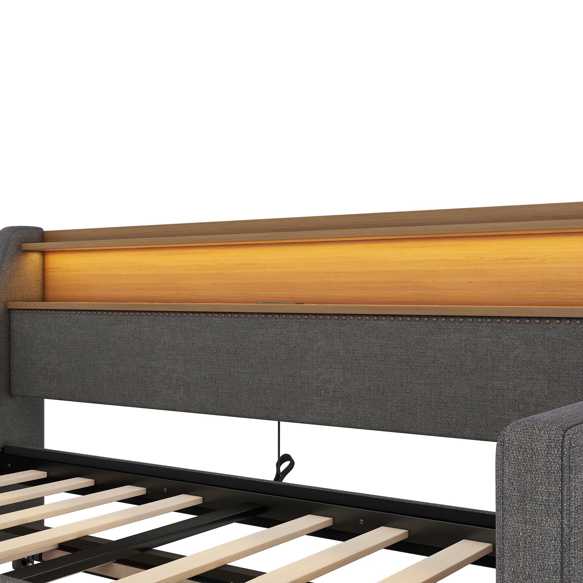 Twin Size Daybed With Trundle Bed, Upholstered Daybed With Charging Station And Led Lights, Gray Twin Gray Linen