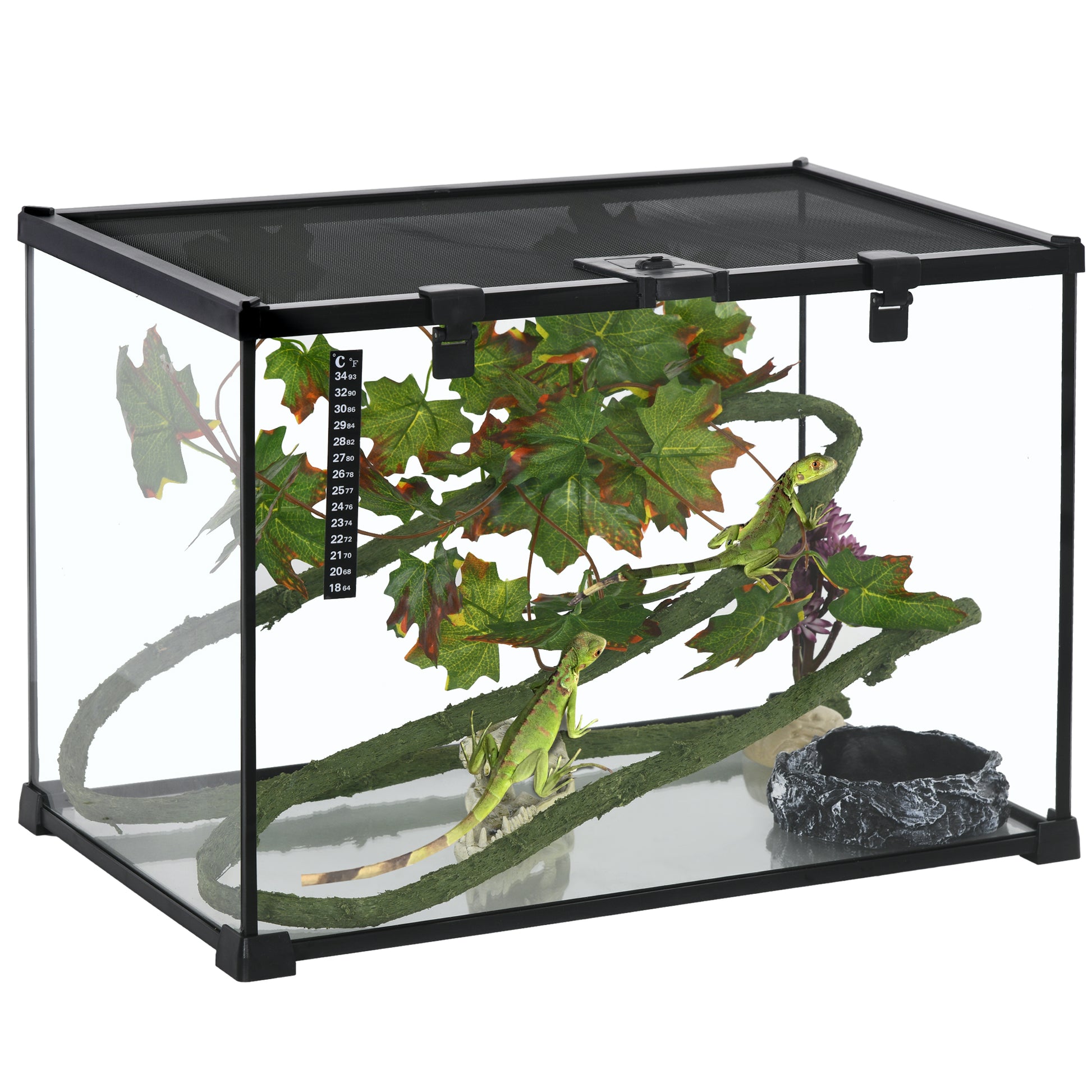 Pawhut 14 Gallon Reptile Glass Terrarium Tank With Decor Kit, Breeding Box Full View With Visually Appealing Sliding Screen Top For Lizards, Frogs, Snakes, Spiders, 20" X 12" X 14", Black Black Glass