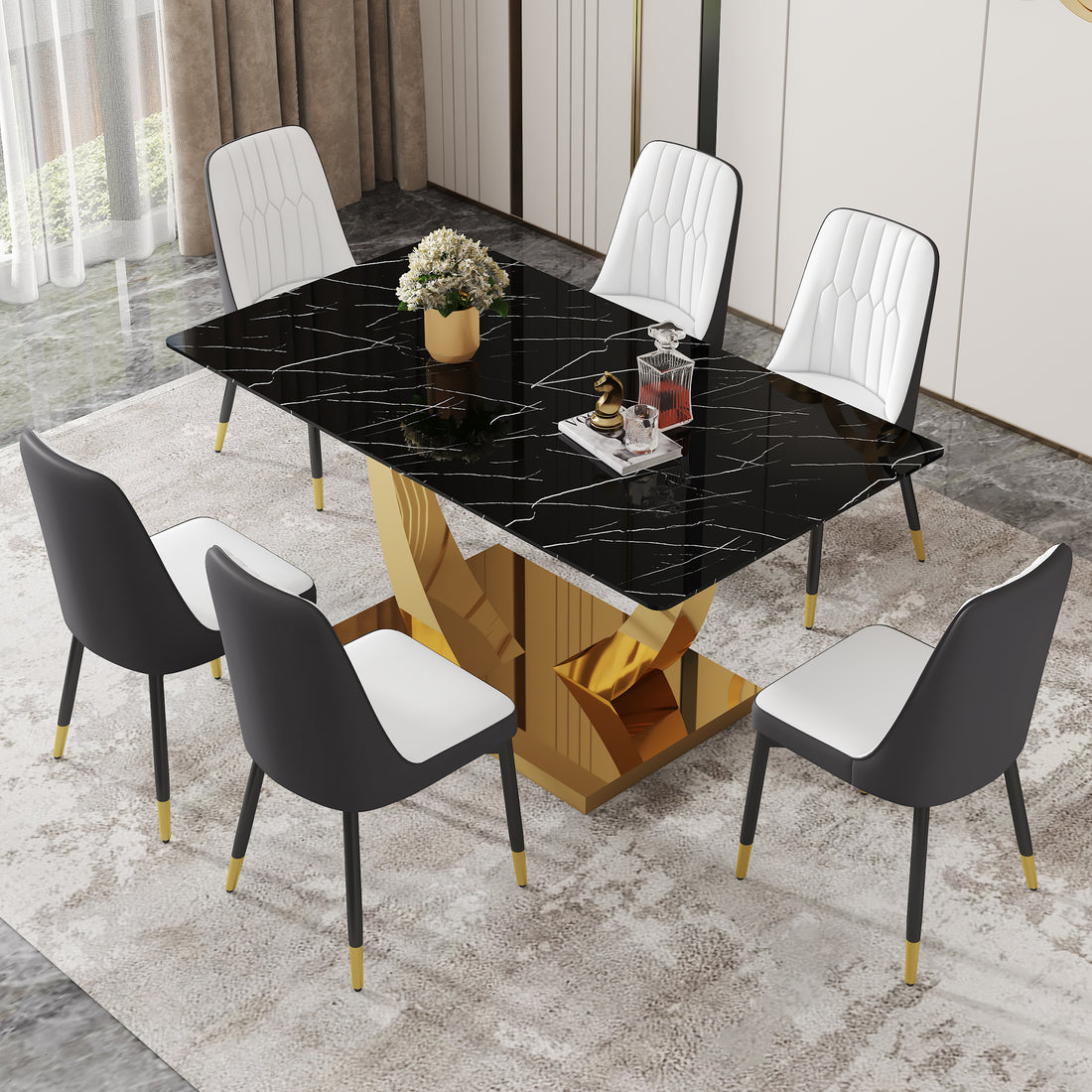 Table And Chair Set.Modern Rectangular Dining Table With Black Textured Stickers Glass Tabletop And Gold Plated Metal Legs.Paried With 6 Comfortable Chairs With Pu Seats And Black Metal Legs. Black