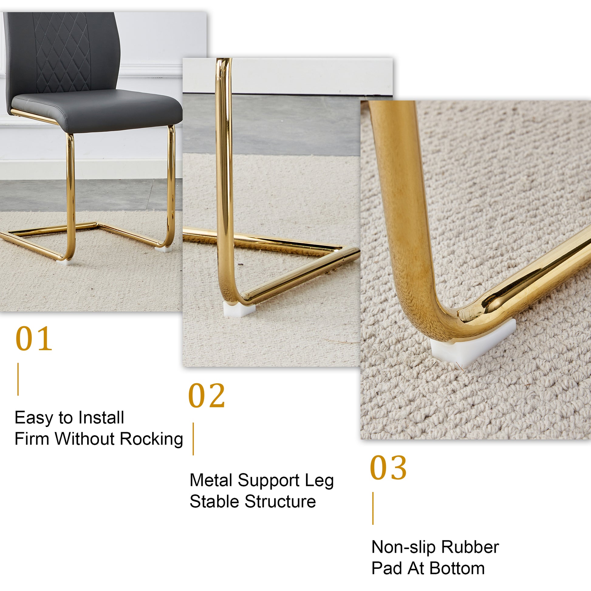 Table And Chair Set.Modern Rectangular Dining Table With Transparent Tempered Glass Tabletop And Gold Plated Metal Legs.Paried With 8 Comfortable Chairs With Pu Seats And Golden Metal Legs. Grey Gold,Transparent Seats 8 Glass Metal