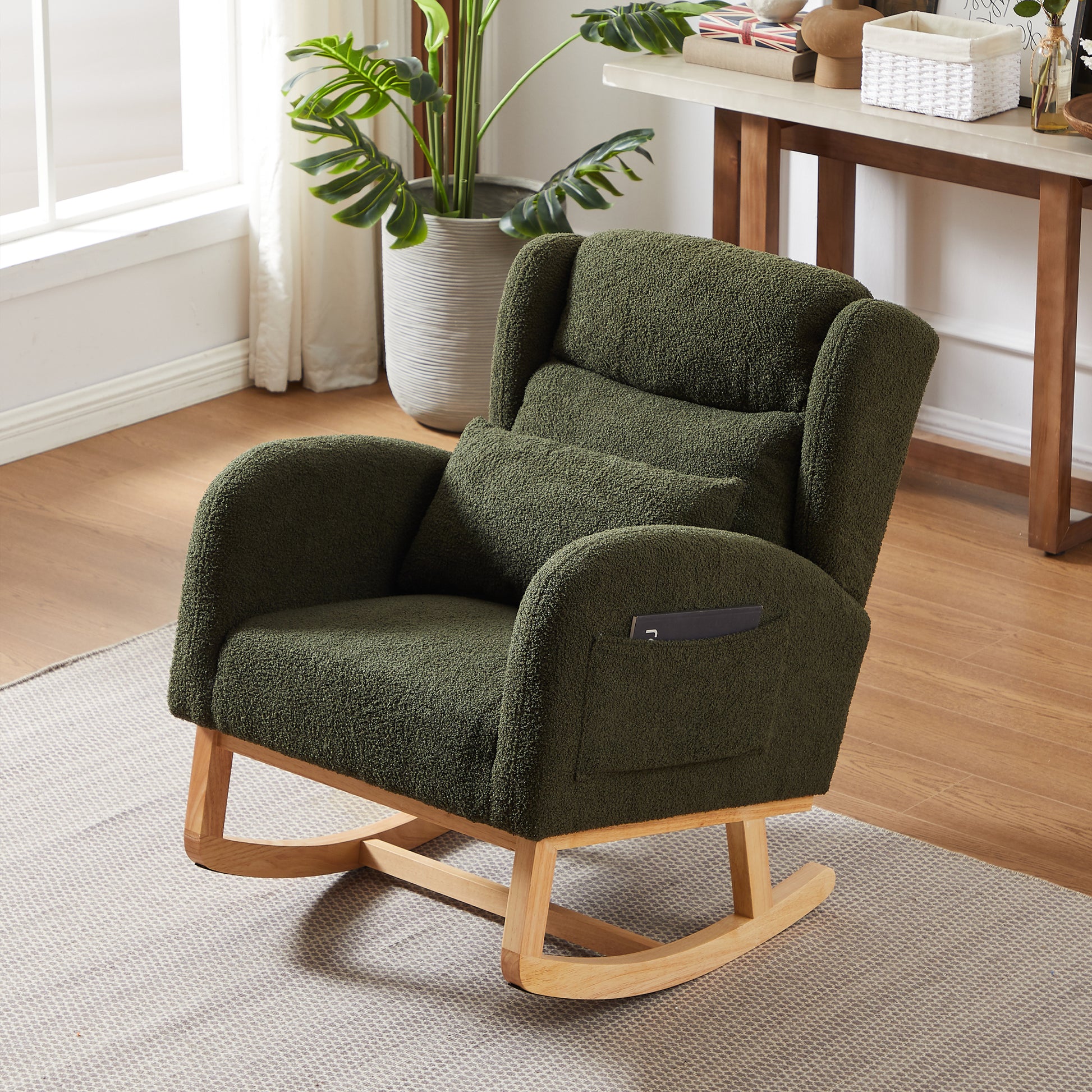 27.2"W Modern Accent High Backrest Living Room Lounge Arm Rocking Chair, Two Side Pocket Army Green Foam Fabric