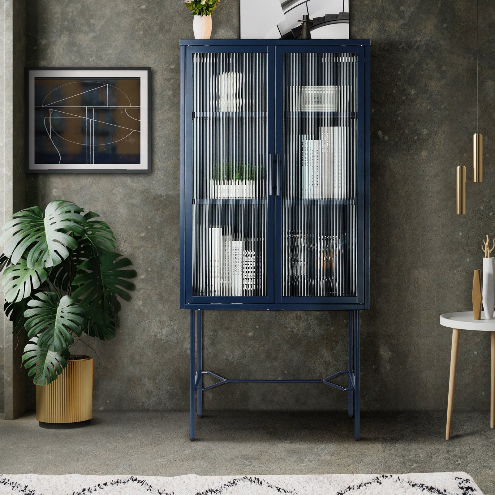 Elegant Floor Cabinet With 2 Glass Doors Living Room Display Cabinet With Adjustable Shelves Anti Tip Dust Free Easy Assembly Blue Color Old Sku:W68766570 Blue Steel