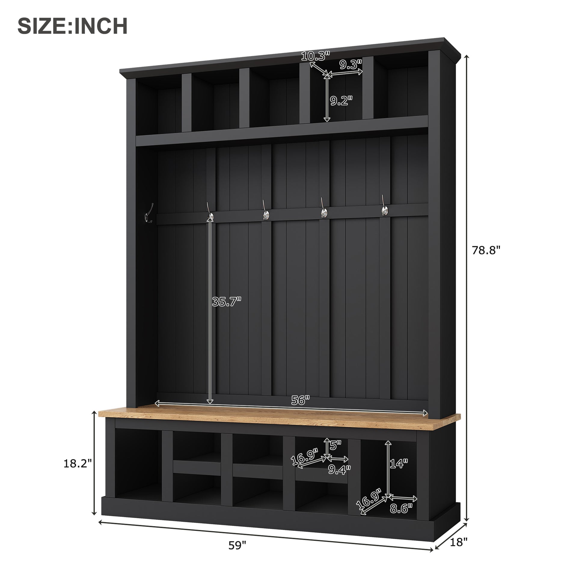 Farmhouse Wooden Style 78''H Modern Hall Tree With Wide Storage Seating Bench, Entryway Shoe Cabinet With 13 Compartments, Elegant Coat Rack With 6 Hooks For Mudroom, Living Room, Black Black Primary Living Space Particle Board