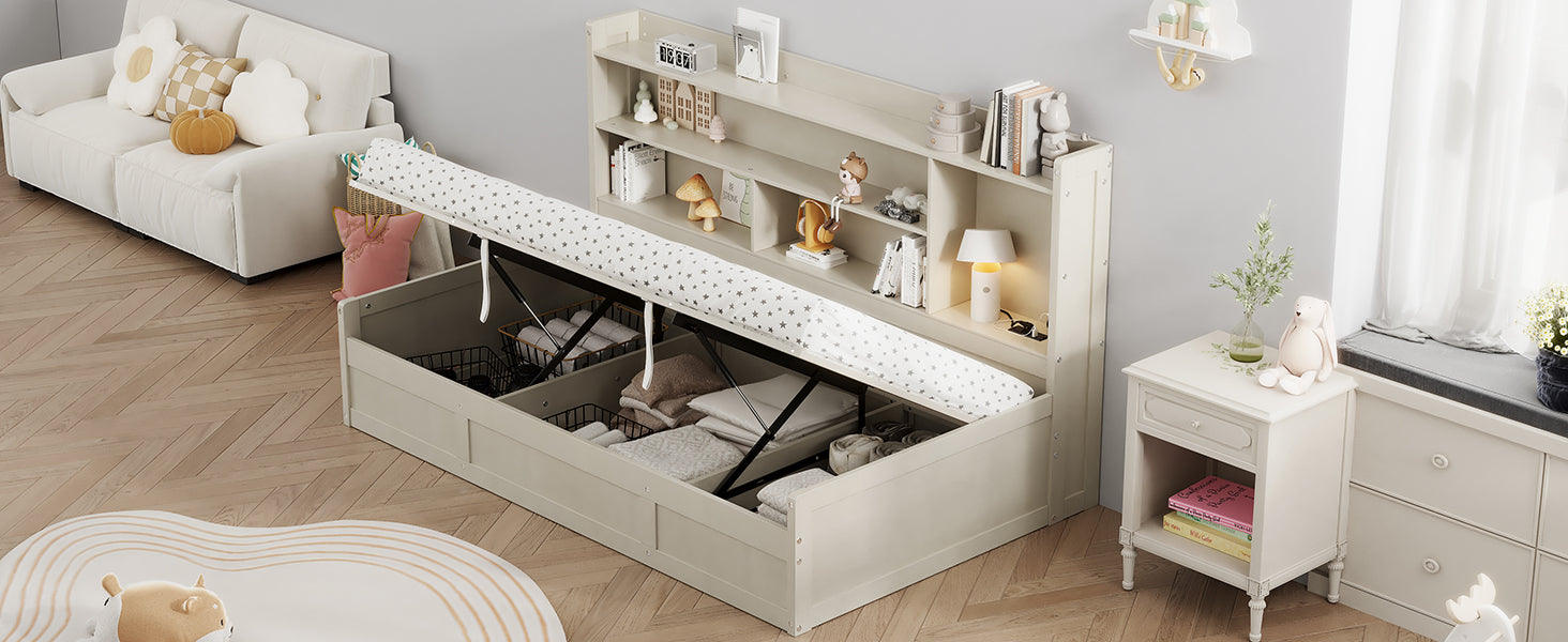 Twin Size Daybed Frame With Storage Bookcases And Underneath Storage, Usb Charging Station, Gray Twin Light Grey Solid Wood Mdf