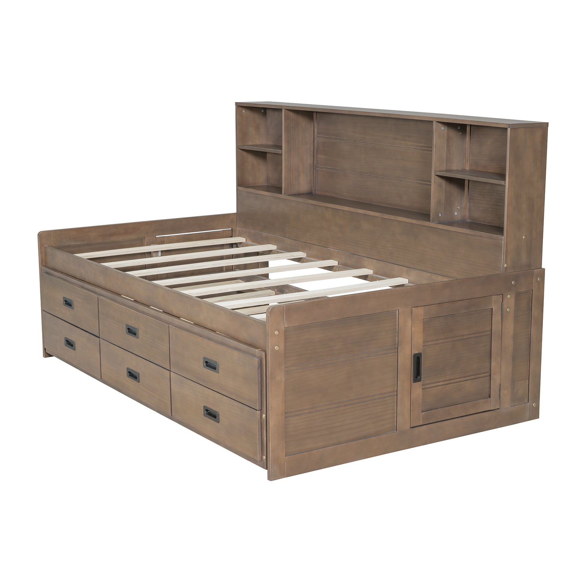 Twin Size Captain Daybed With Storage Bookcase Headboard,Captain Bed With Trundle And Three Storage Drawers For Kids Teens Dorm Bedroom Multipurpose Guest Room Or Home, Walnut Box Spring Not Required Twin Walnut Wood Solid Wood Mdf