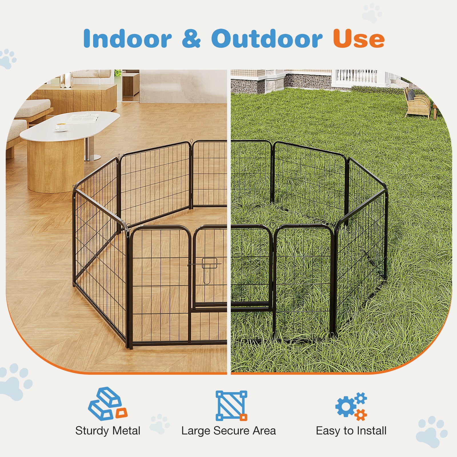 Dog Playpen Indoor With Door, Fence For Small Pet Animals, Puppy Cage With Gate For Yard Outdoor, 8 Panel 24 Inch Tall, Black Black Iron