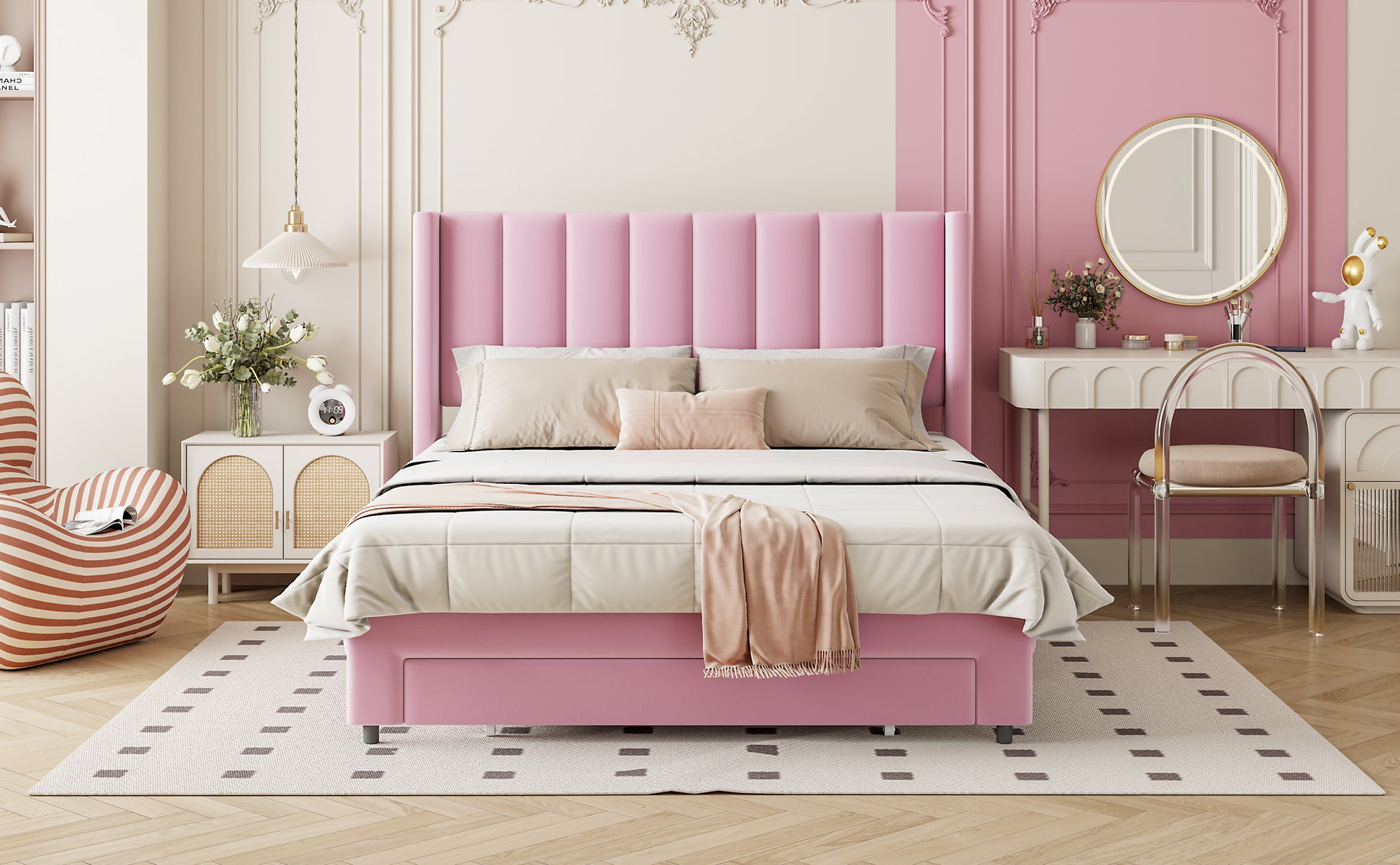 Full Size Storage Bed Velvet Upholstered Platform Bed With A Big Drawer Pink Old Sku:Wf296850Aah Full Pink Velvet