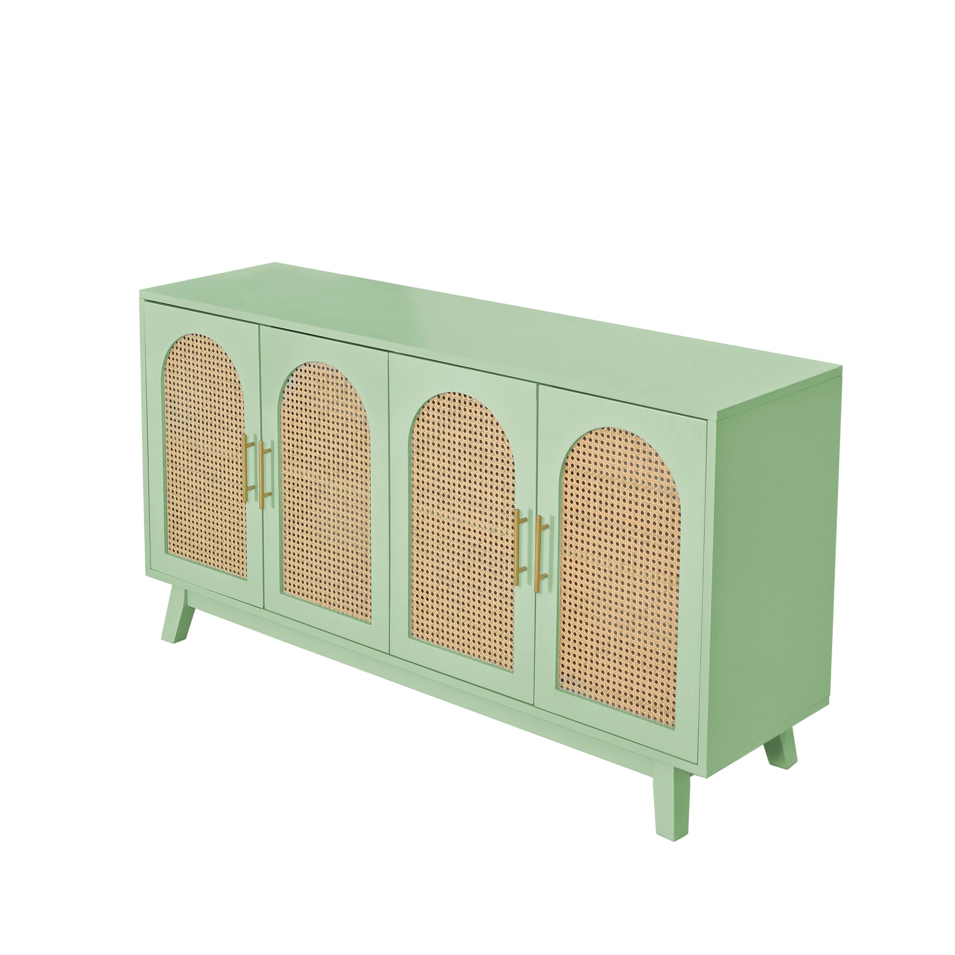 Sideboard Buffet Cabinet With Rattan Doors, Boho 4 Door Cabinet With Metal Handles For Living Room, Hallway, Entryway, Mint Green Mint Green Primary Living Space Mdf