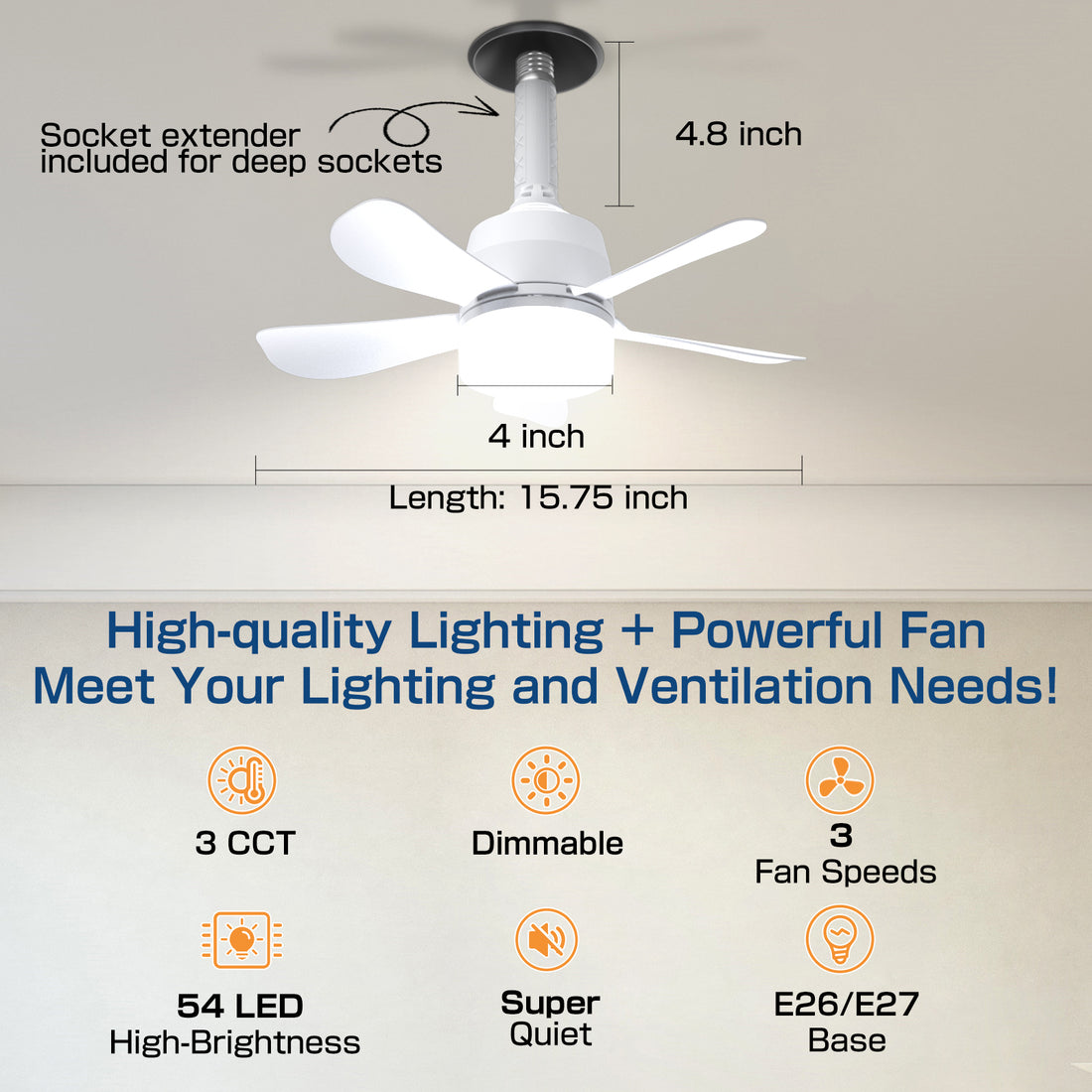 Socket Ceiling Fans With Dimmable Led Light E26 Screw Bulb Small Ceiling Fan For Bedroom Living Room Kitchen White Abs