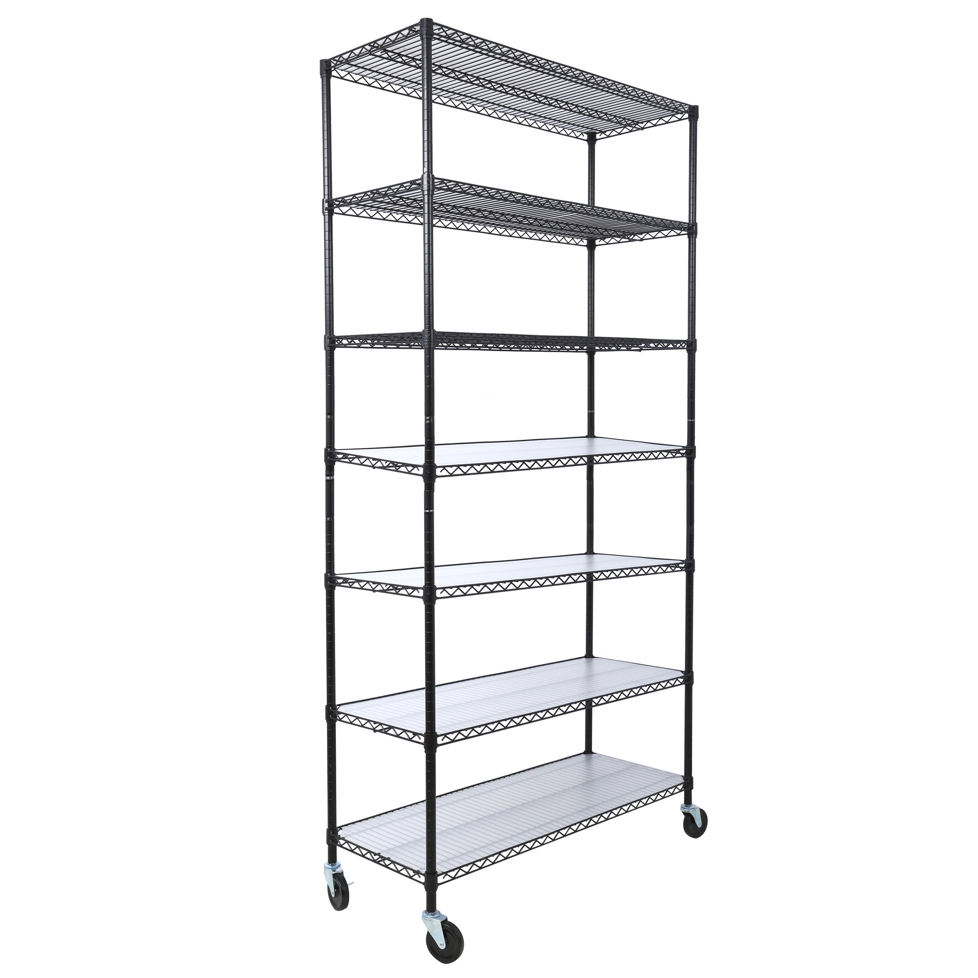 7 Tier Metal Shelf Wire Shelving Unit, 2450Lbs Heavy Duty Adjustable Storage Rack With Wheels & Shelf Liners For Closet Kitchen Garage Basement Commercial Shelving 81.5" H X 48" L X 18" D Black Black Metal