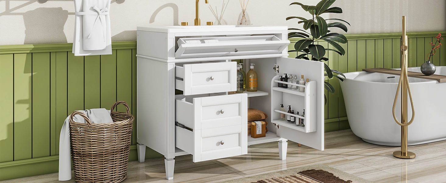 36'' Bathroom Vanity With Top Sink, Modern Bathroom Storage Cabinet With 2 Drawers And A Tip Out Drawer, Single Sink Bathroom Vanity White Bathroom Solid Wood Mdf Ceramic,Solid Wood Mdf