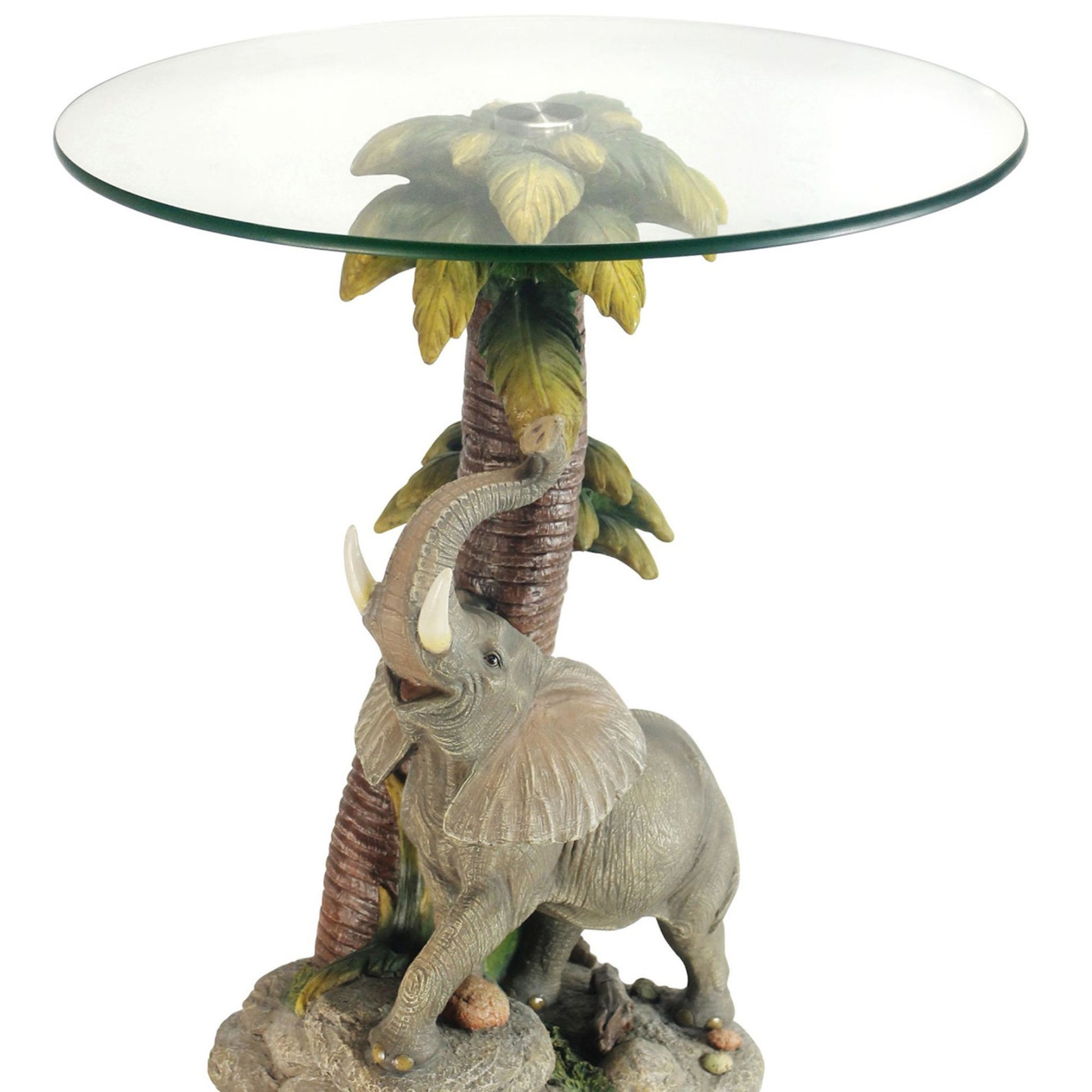 24" Tall Glass Top End Table, Polyresin Elephant Base Multicolor Polyresin