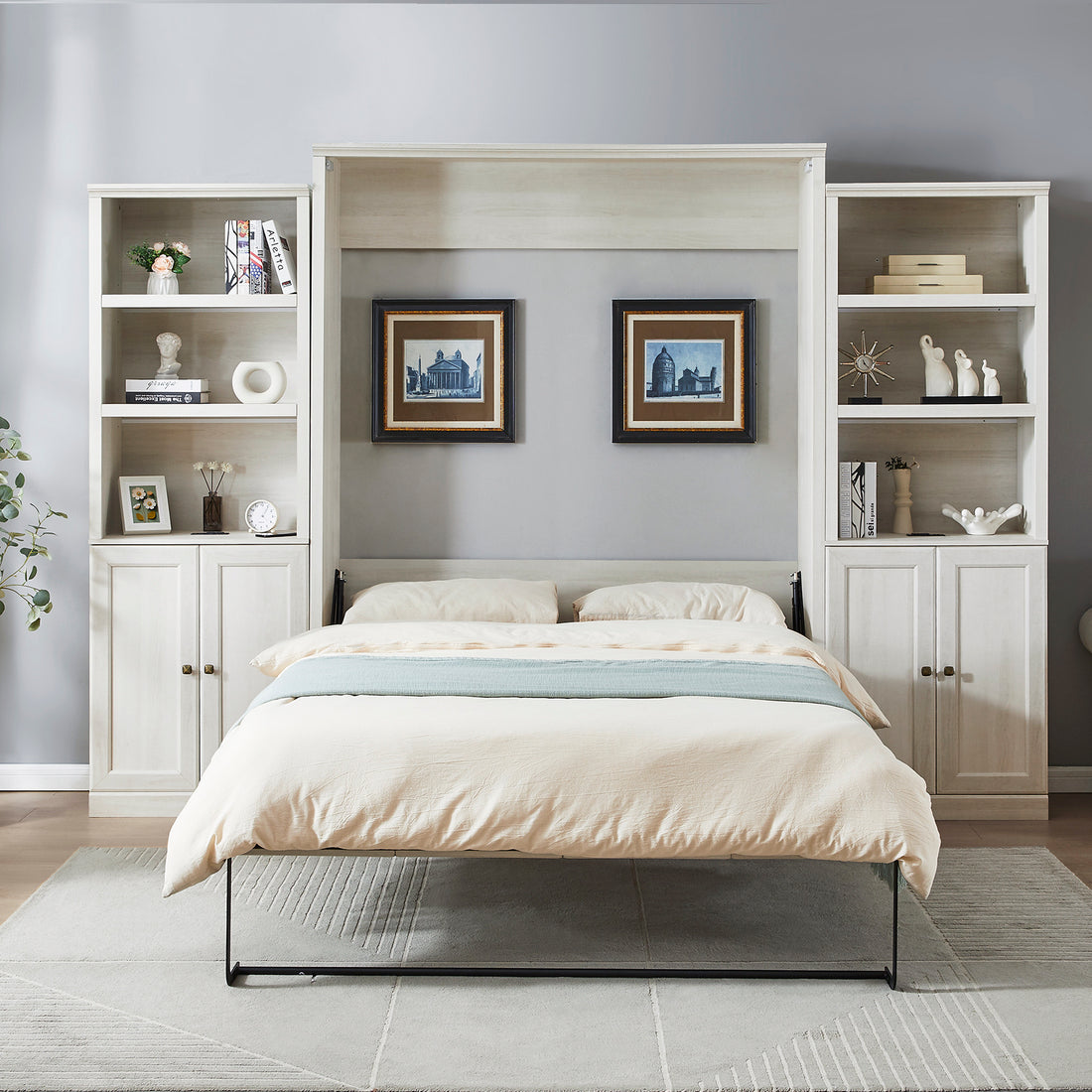Queen Size Half Self Close And Open Murphy Bed With 2 Side Cabinet Storage Shelf, Cabinet Space Saving Bed Perfect For Guest Room, Bed Room, Guest Room, Home Office, Rustic White Box Spring Not Required Queen Rustic White Wood White Pine Murphy Solid